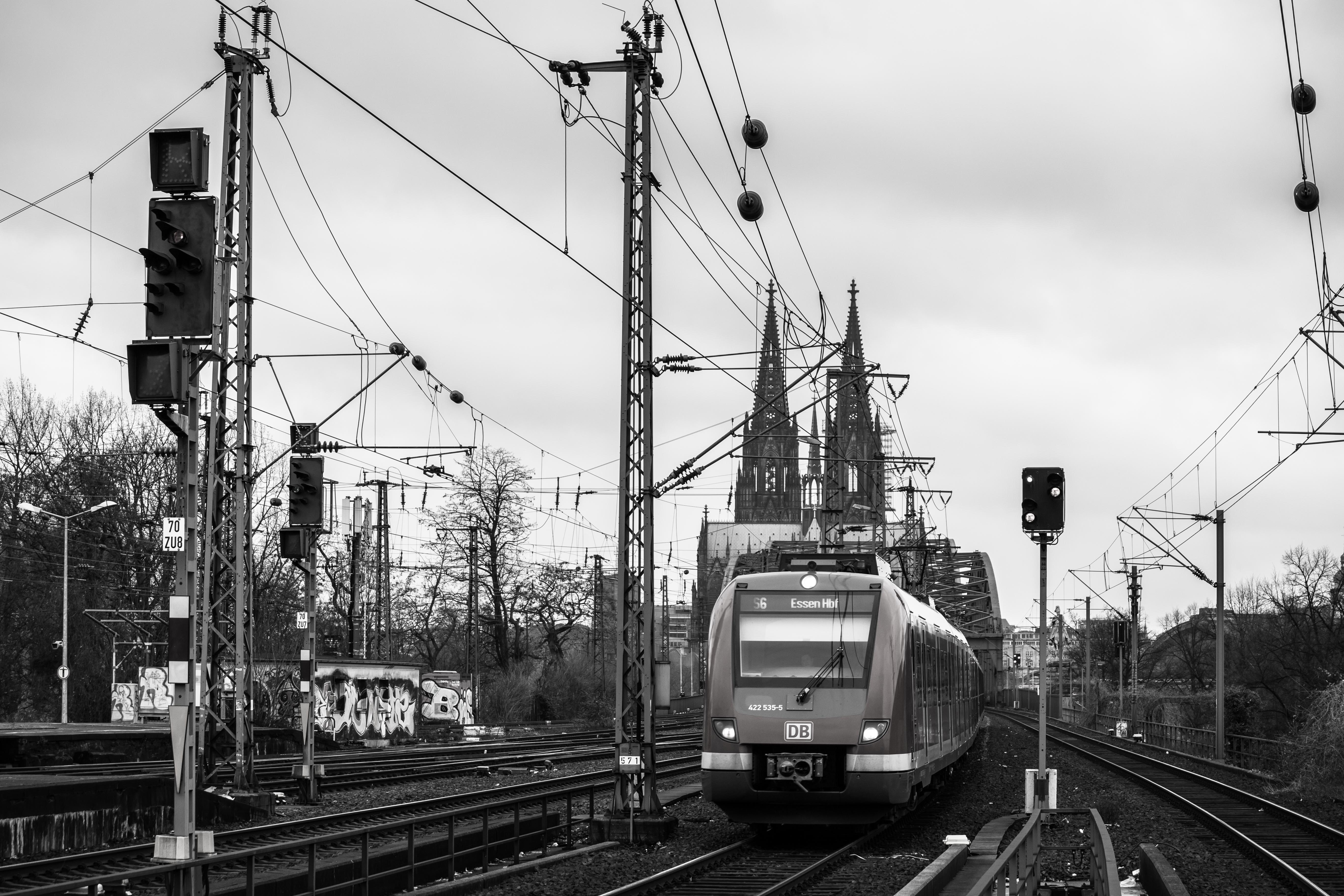 towers, cologne, mode of transportation, seemed, power line, railroad track, power supply, sky, railway, 5K, land vehicle, s bahn, train, technology, cable, HD Wallpaper