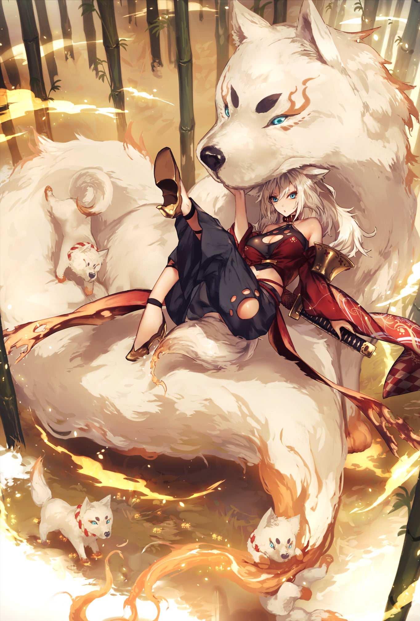 2D, artwork, bamboo, puppies, illustration, dog girls, fantasy art, 1080P, anime girls, sword, fantasy girl, dog, looking at viewer, animal ears, digital art, Phone HD Wallpaper