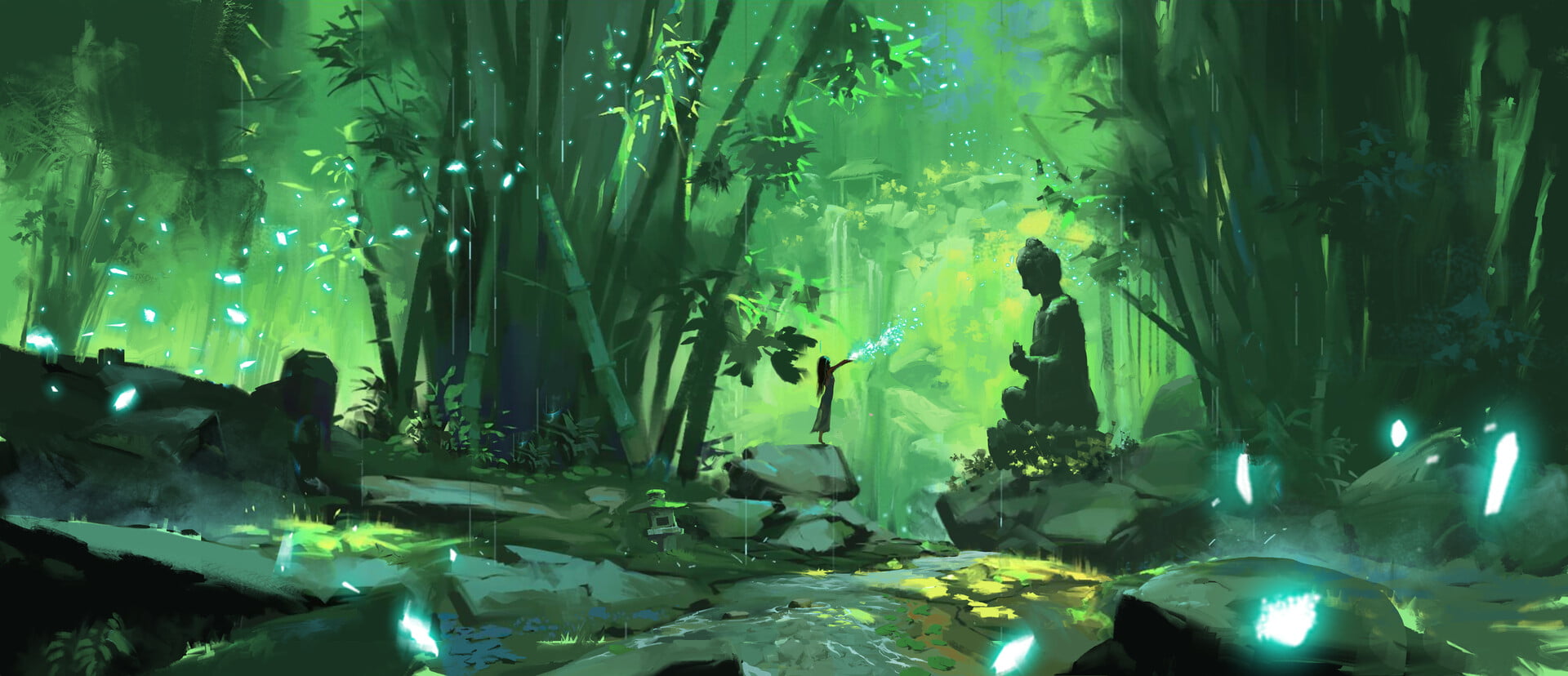 digital art, 1080P, Aze K, forest, landscape, bamboo, Asian architecture, statue, HD Wallpaper