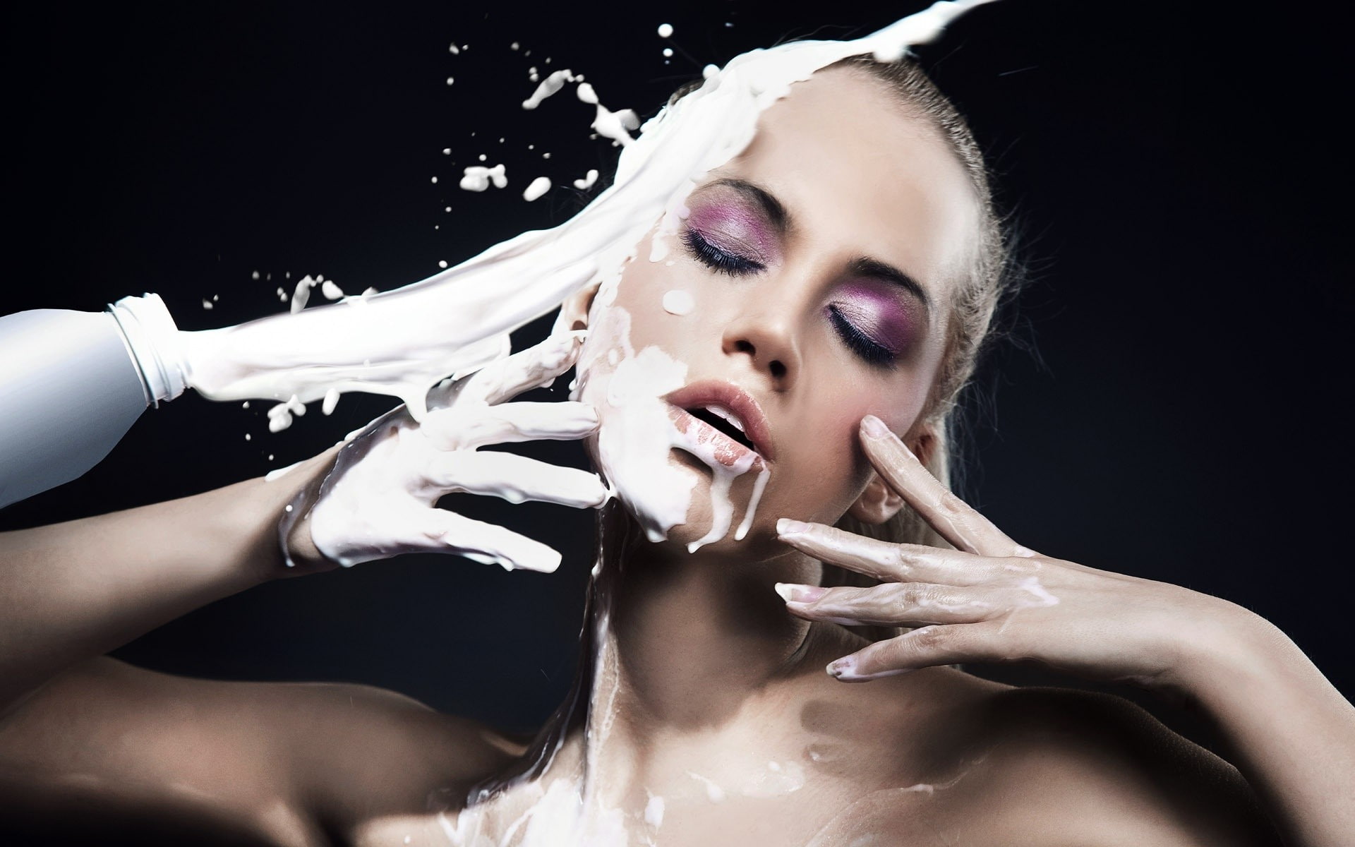women, makeup, 1080P, face, closed eyes, milk, liquid, HD Wallpaper