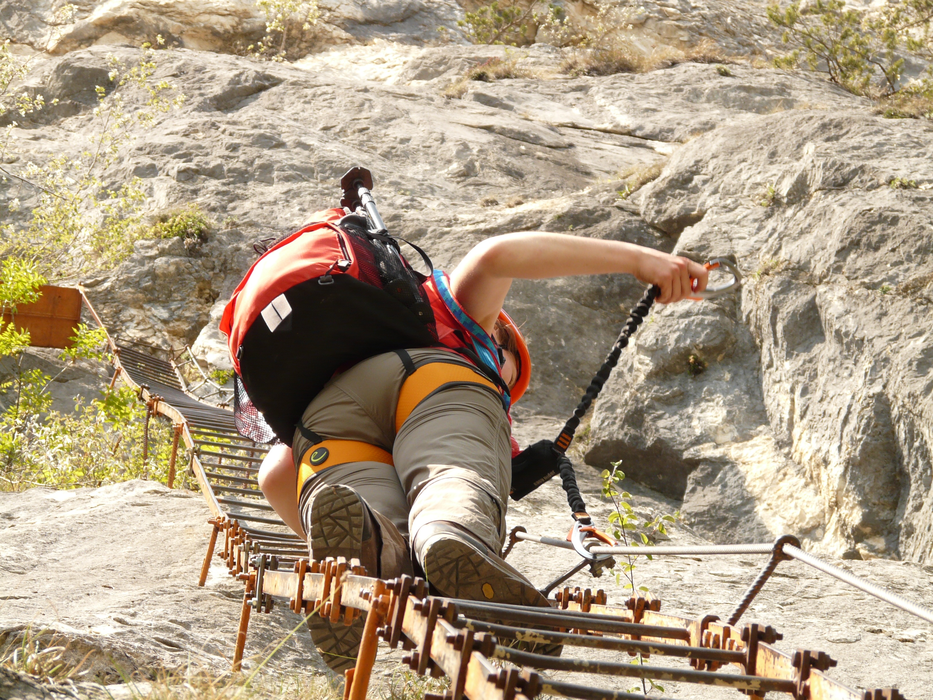 mountain, sunlight, climbing, extreme sports, migratory goal, solid, hike, ladders, narrow, via dellamicizia, backup, garda, full length, climbing equipment, HD Wallpaper