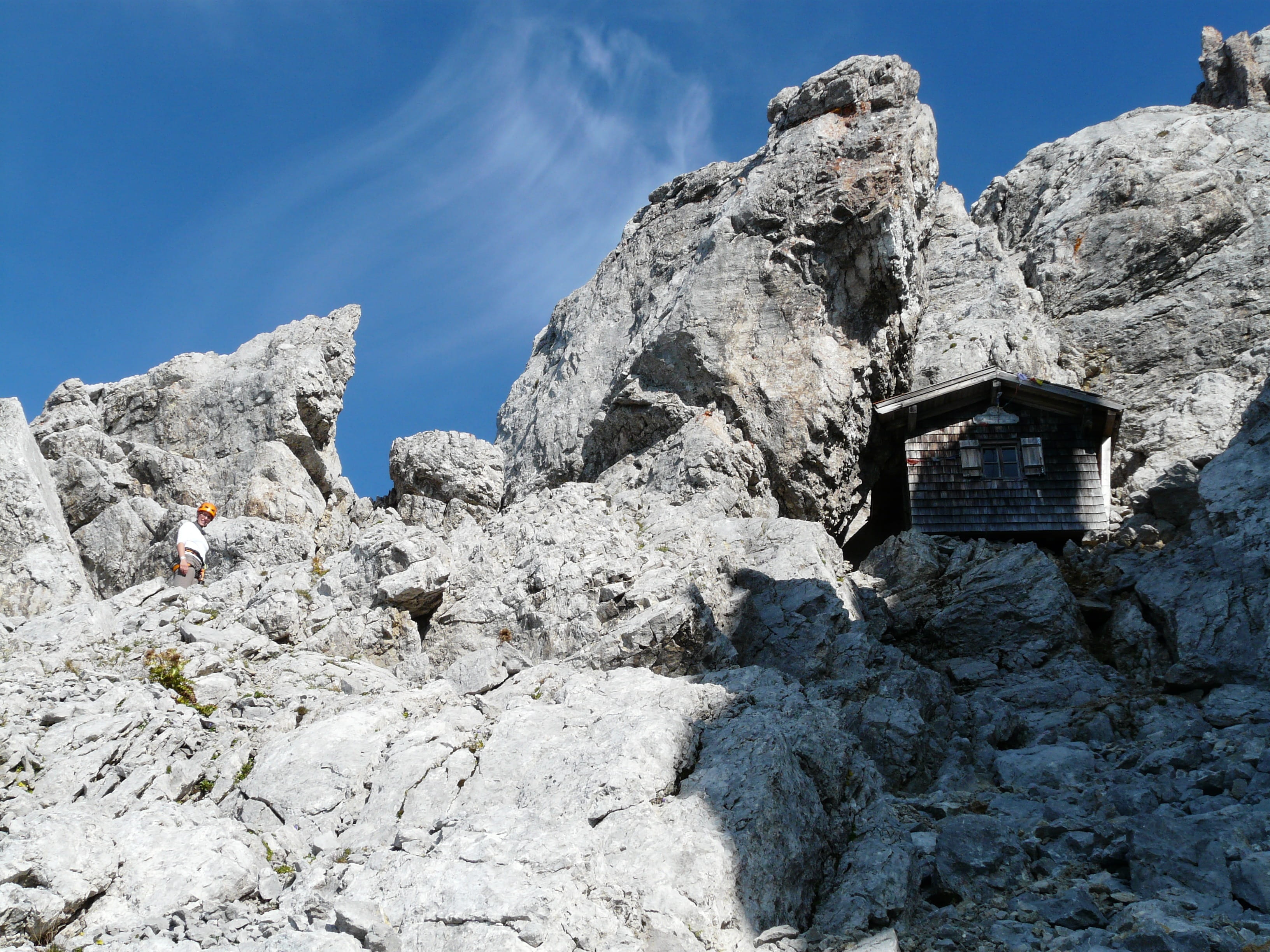 Hut, formation, ellmauer halt, climbing, built structure, kaiser mountains, outdoors, sky, day, no people, mountain hut, sunlight, wilderkaiser, rock - object, HD Wallpaper