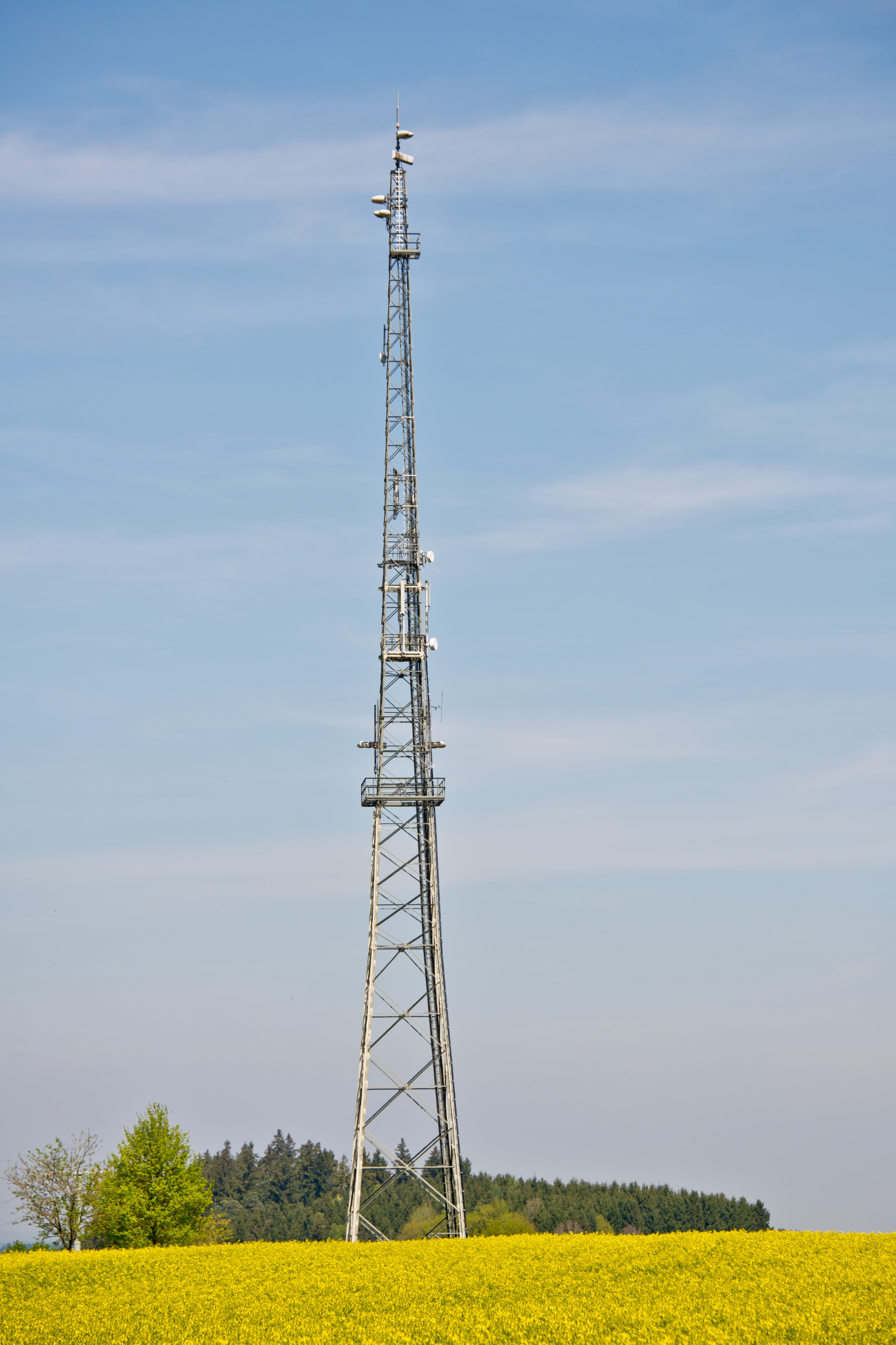 radio mast, electricity, day, range, tower, radio relay, nature, 5K, antenna, sky, tall - high, mobile network, mobile phone mast, power supply, field of rapeseeds, Phone HD Wallpaper