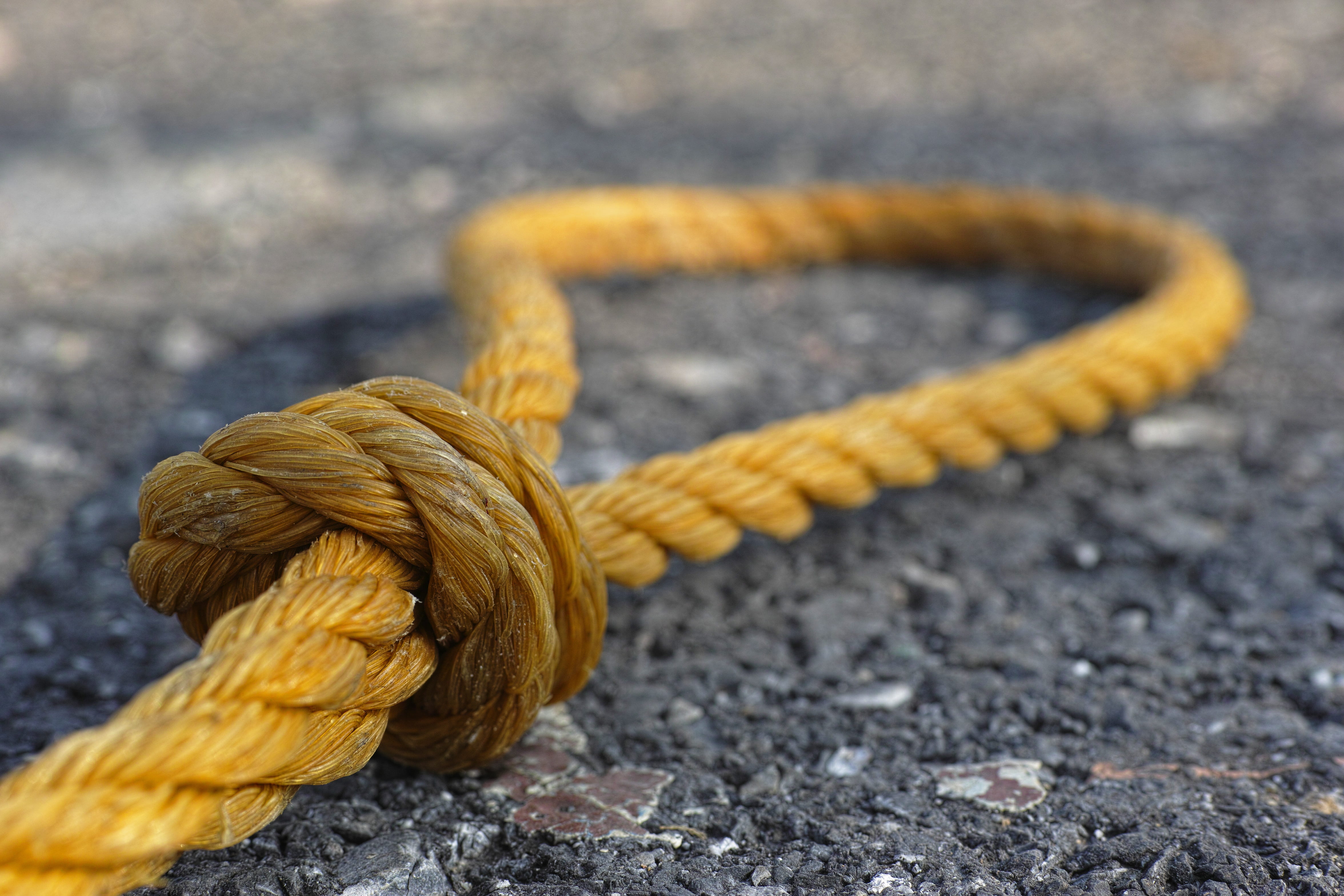 macro, twisted, no people, backgrounds, tied knot, perspective, strength, durability, detail shots, high angle view, old, yellow, metal, photo, maritime, HD Wallpaper
