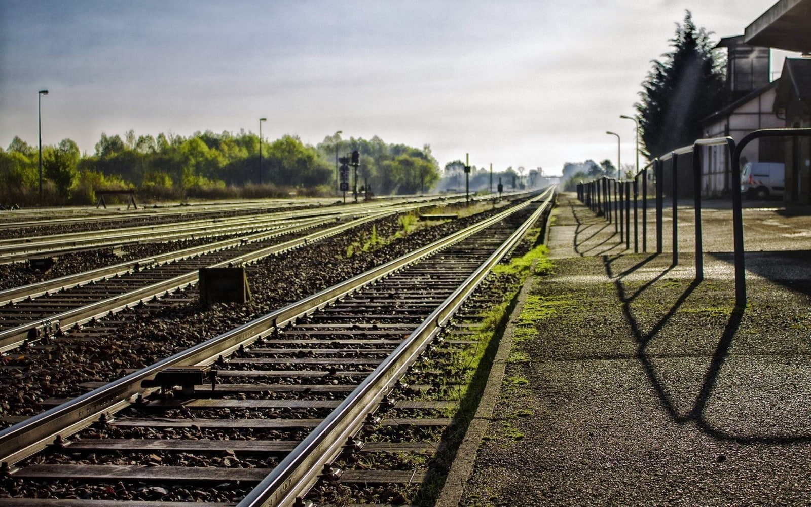 train station, tree, nature, mode of transportation, direction, cloud - sky, outdoors, rail transportation, plant, railway, 720P, long, transportation, HD Wallpaper