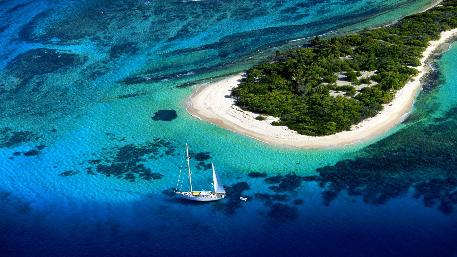 nature and landscapes, ocean, blue, lagoon, island, sailing, white, sail, boat, green, 1080P, HD Wallpaper
