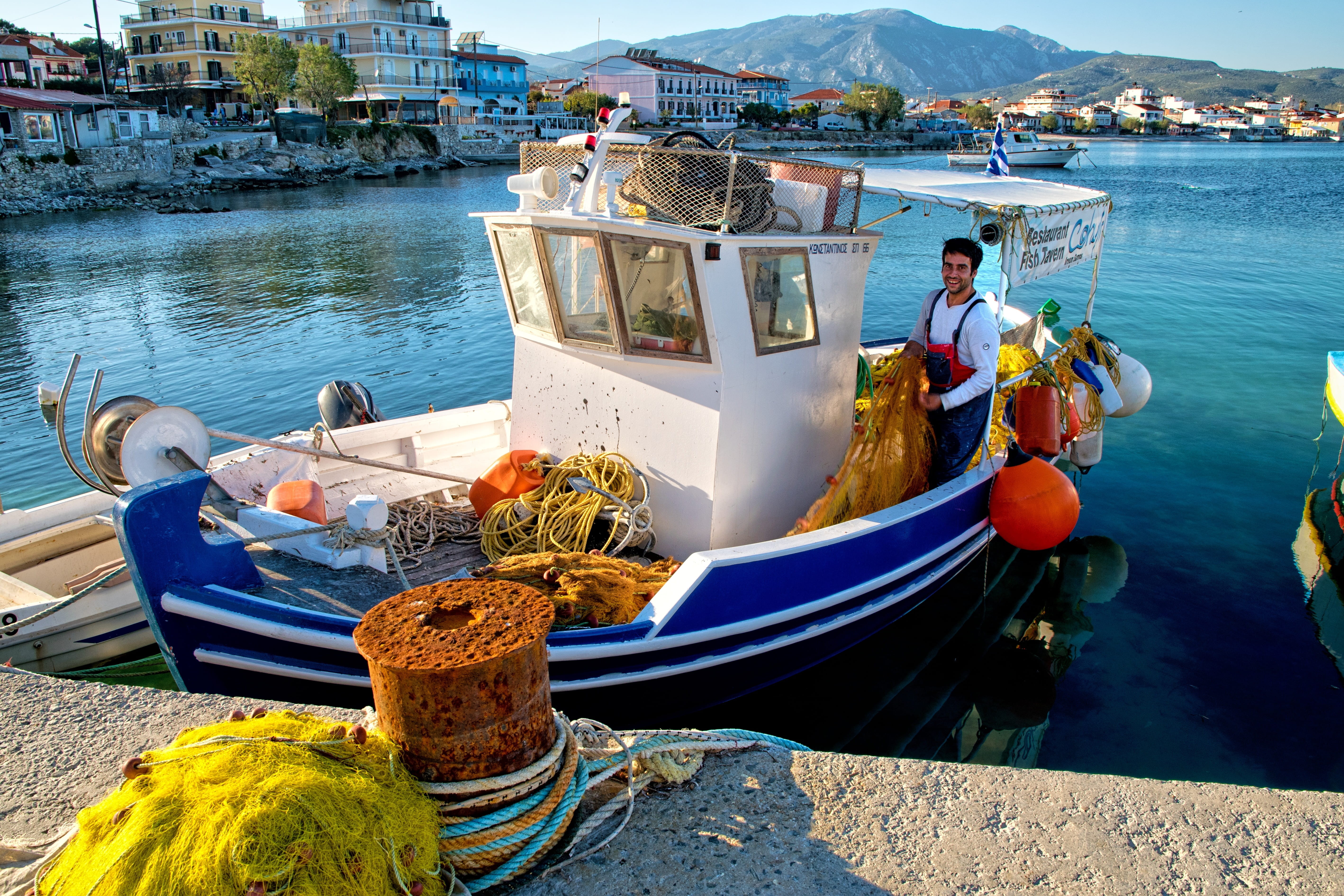 water, sea, men, sky, samos, 5K, transportation, travel, greece, fisherman, boat, nature, incidental people, sunlight, moored, fishing industry, harbor, HD Wallpaper