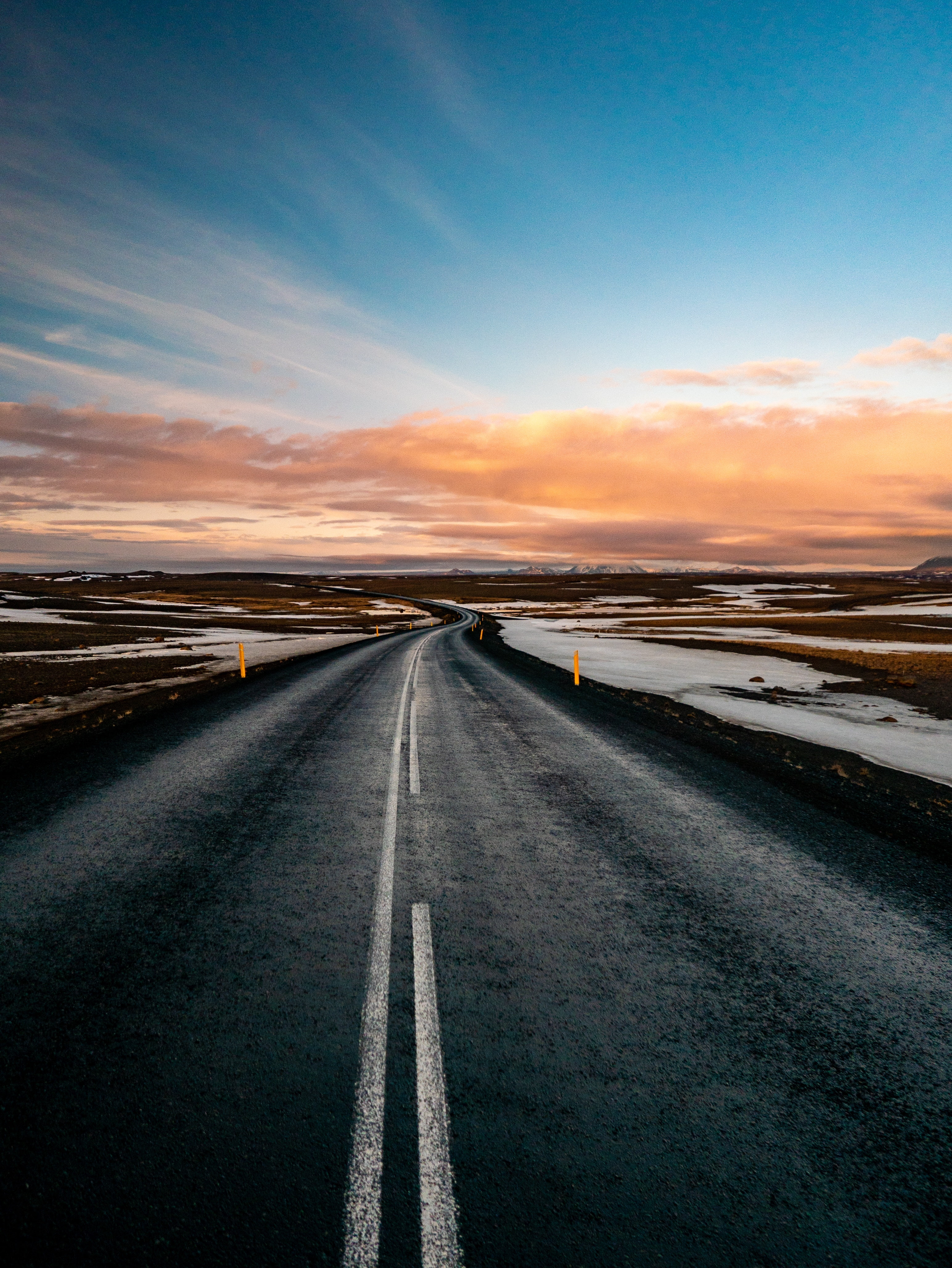 horizon, snow, road, markup, turn, sunset, 4K, Phone HD Wallpaper
