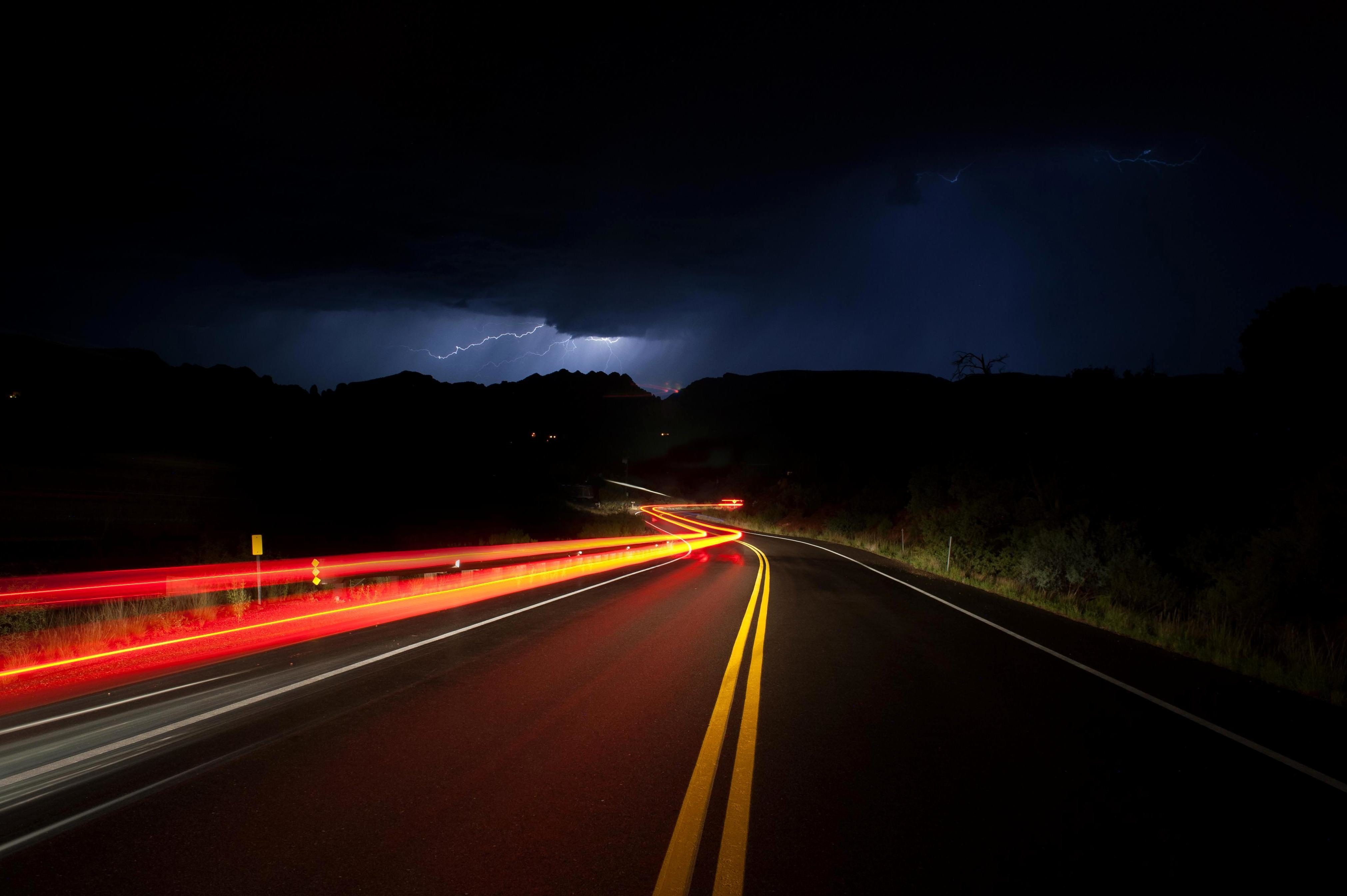markup, turn, lightning, night, road, 4K, thunderstorm, HD Wallpaper
