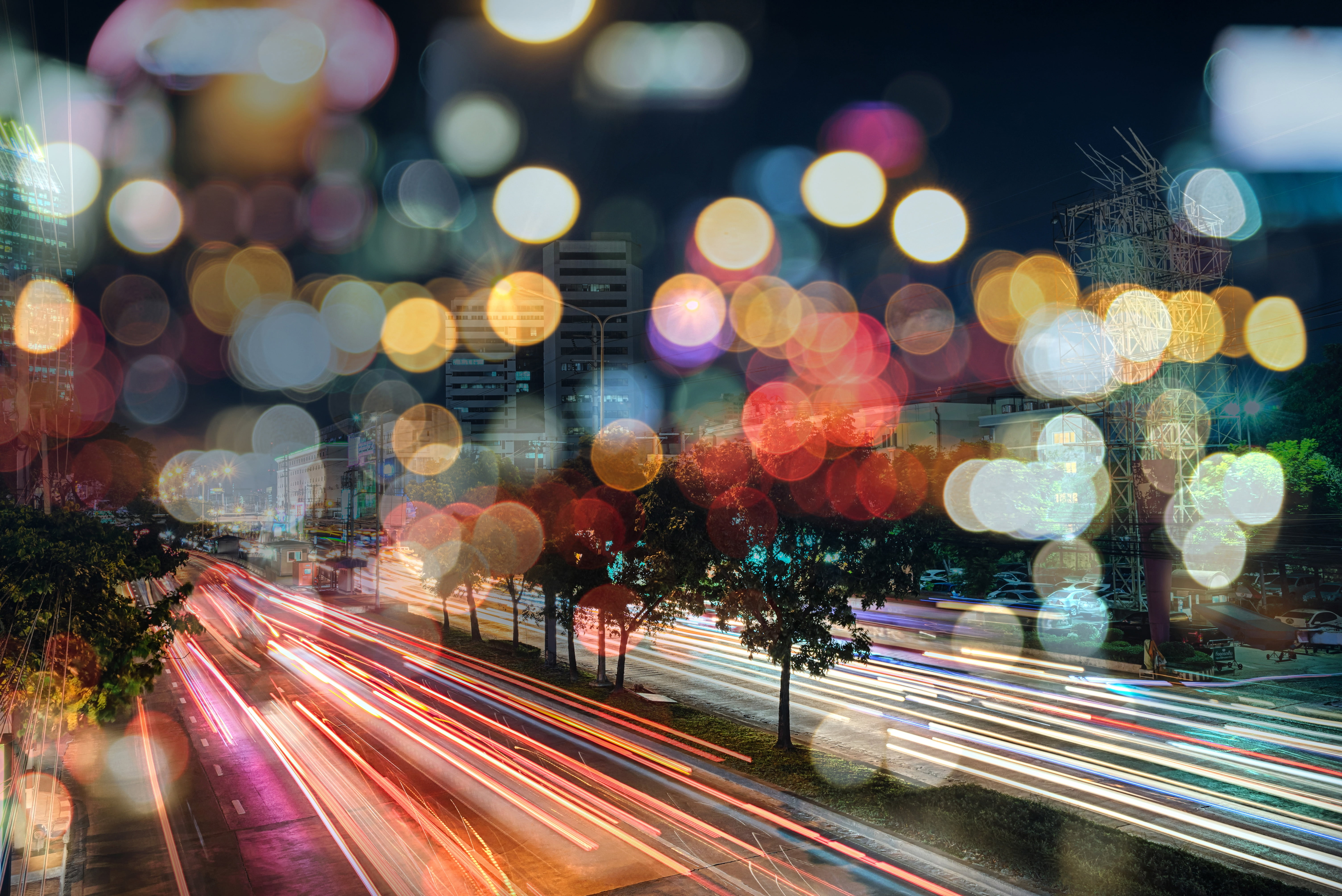 feel of speed, strip lights, markup, road, night, separated by alley, 5K, skyscrapers, blur, the city, line speed, cars, excerpt, ., bokeh, colored lights, HD Wallpaper