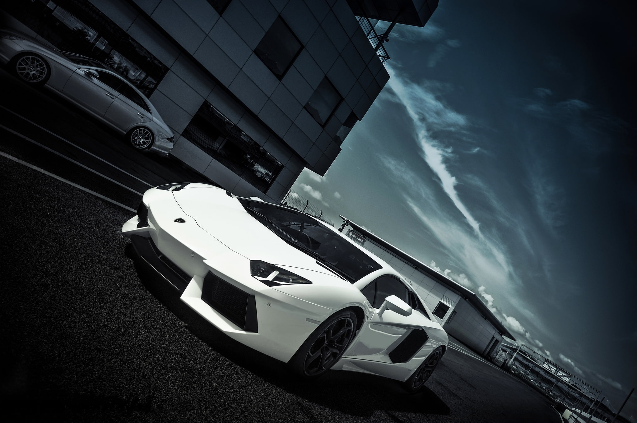 lp700-4, clouds, the sky, white, 1080P, road, markup, side view, Lamborghini, Windows, aventador, the building, HD Wallpaper