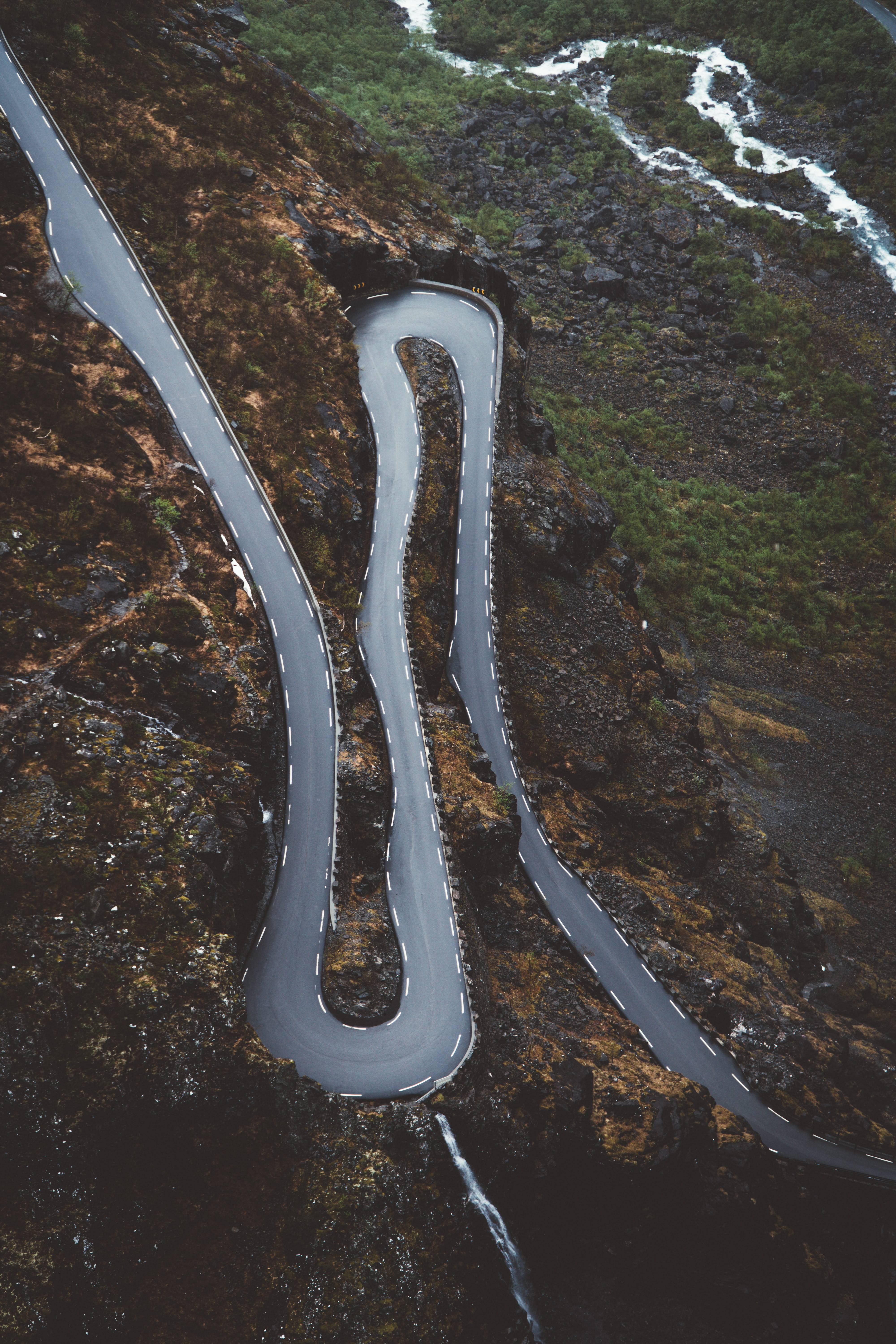 aerial view, from above, 5K, mode of transportation, birdseye, mountain road, road trip, bird, tree, urban, shape, view, curved, abstract, curve, water, Phone HD Wallpaper