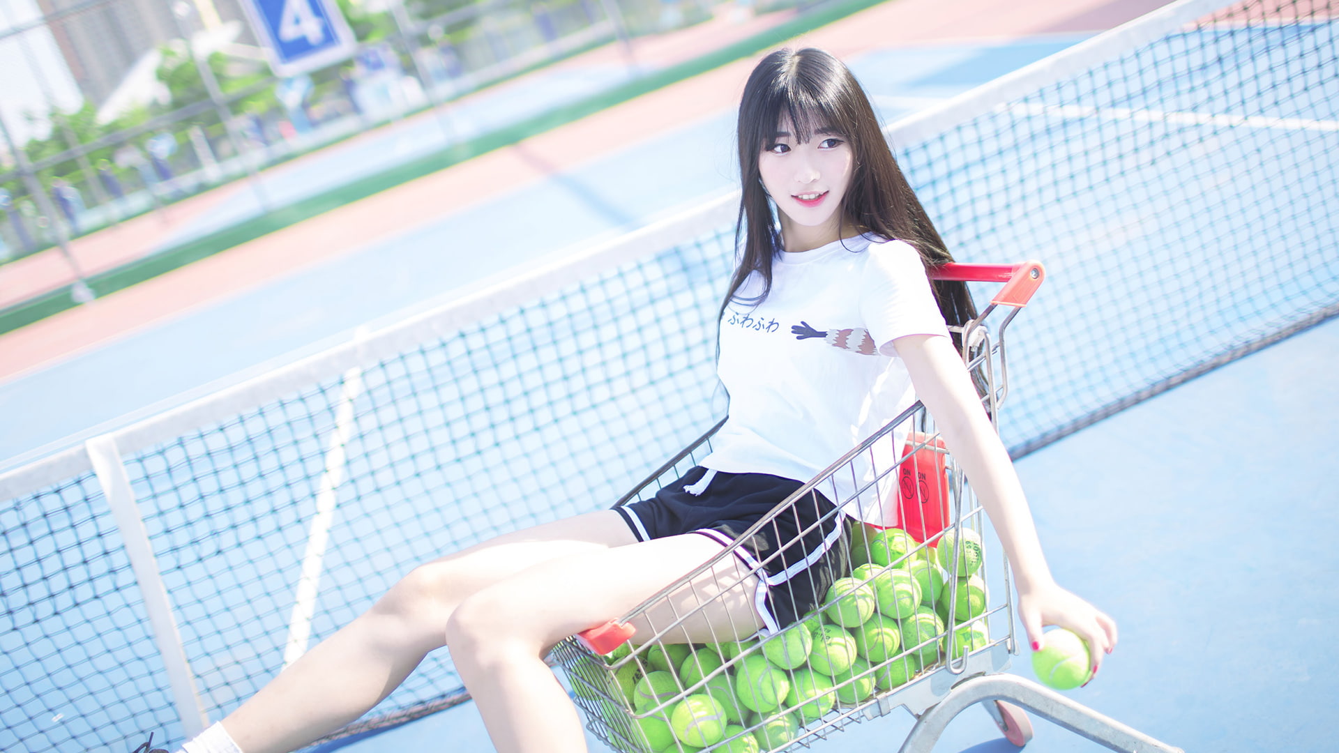 model, black hair, women, T-shirt, 1080P, women outdoors, Asian, tennis balls, tennis, photography, long hair, short shorts, HD Wallpaper
