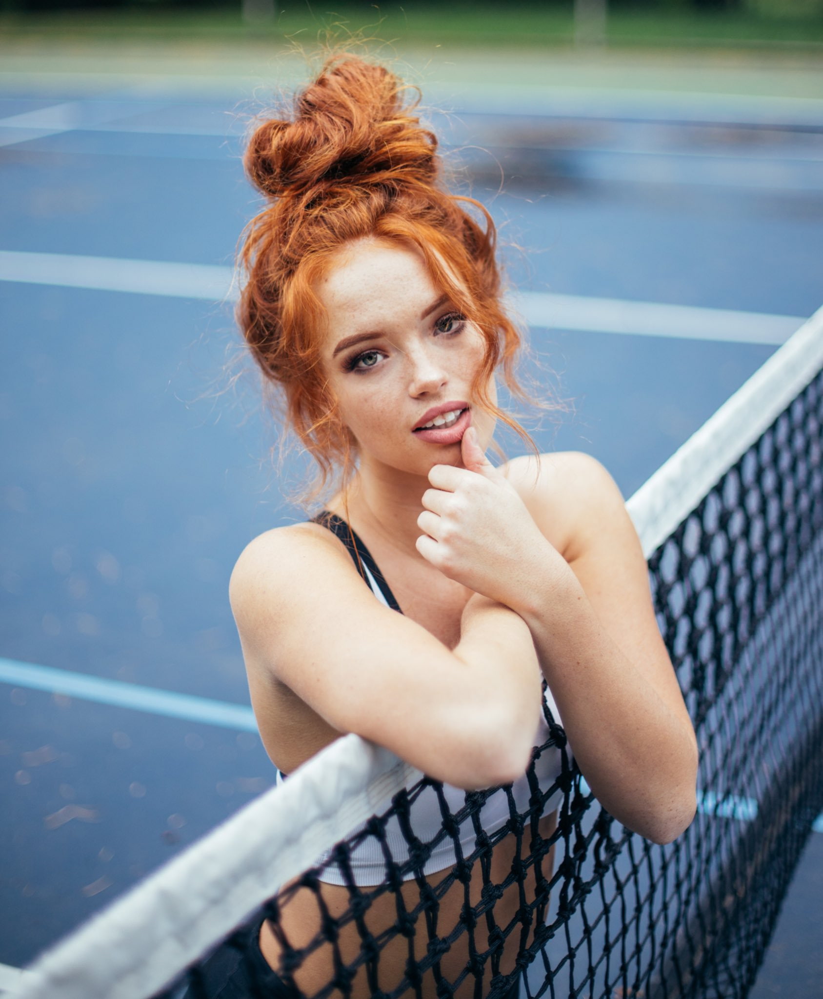 women outdoors, women, face, freckles, nets, tennis courts, Riley Rasmussen, open mouth, portrait, bare shoulders, redhead, 1080P, long hair, portrait display, Phone HD Wallpaper