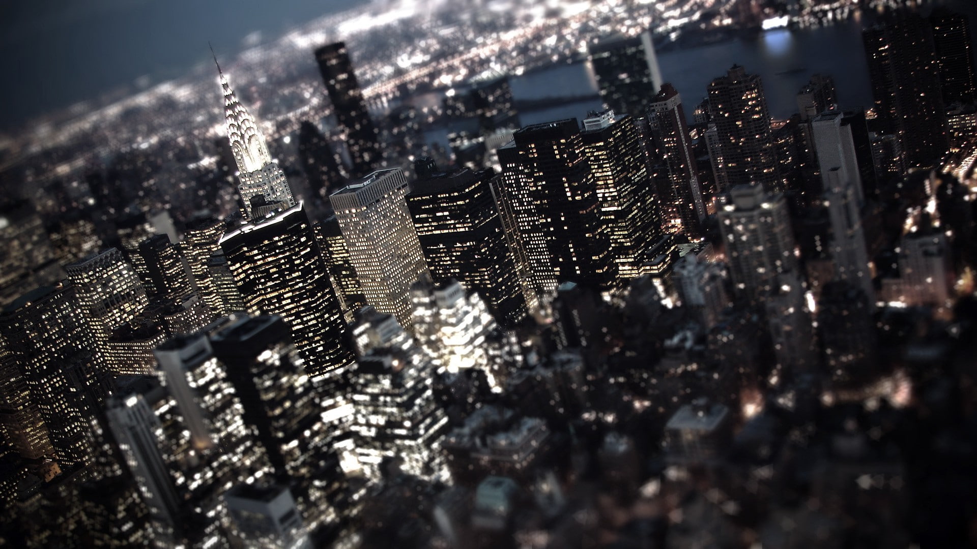 night, tilt shift, city lights, USA, cityscape, skyscraper, 1080P, New York City, city, lights, HD Wallpaper