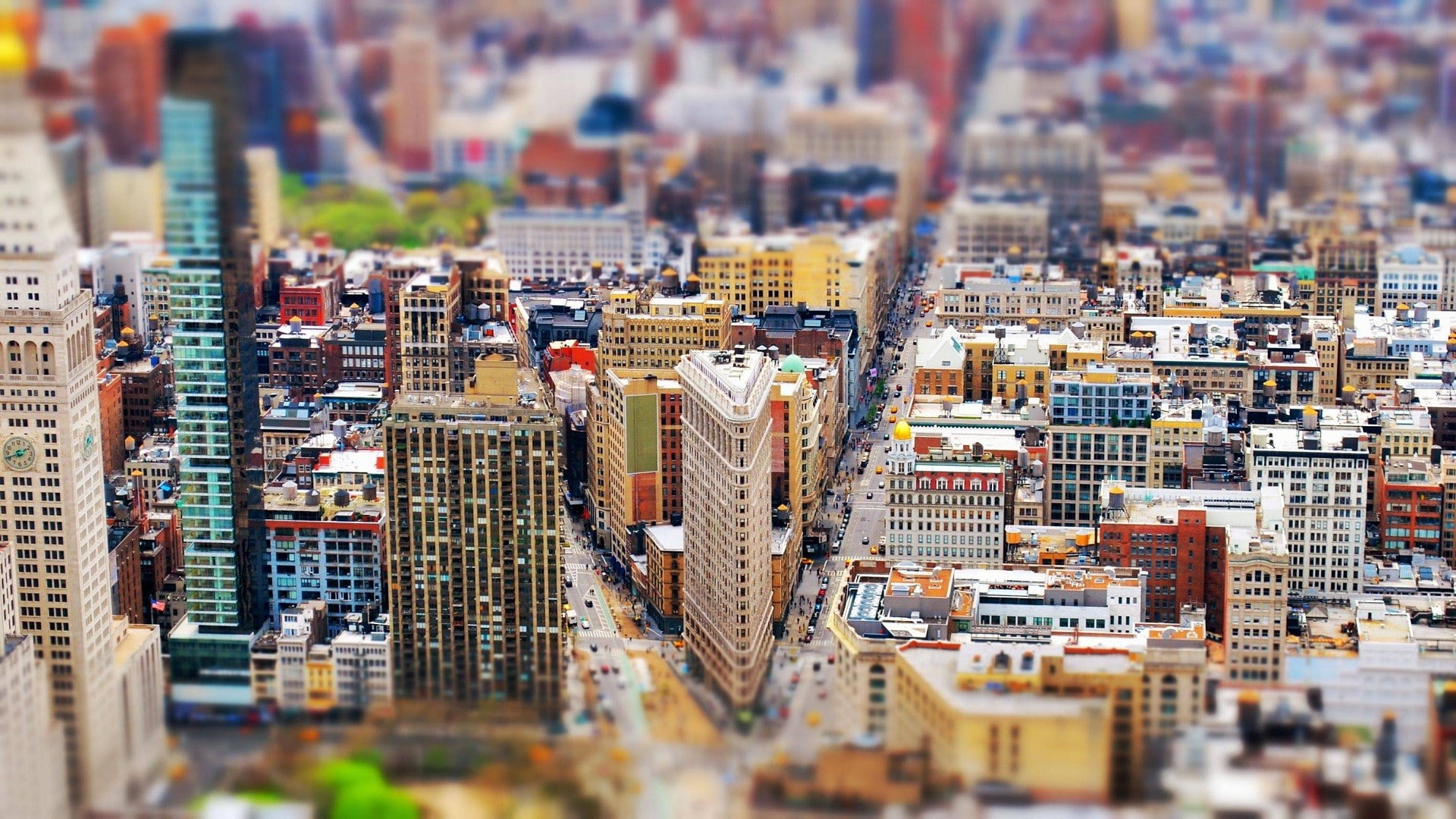 New York City, tilt shift, skyscraper, 1080P, road, building, city, clock tower, cityscape, USA, HD Wallpaper