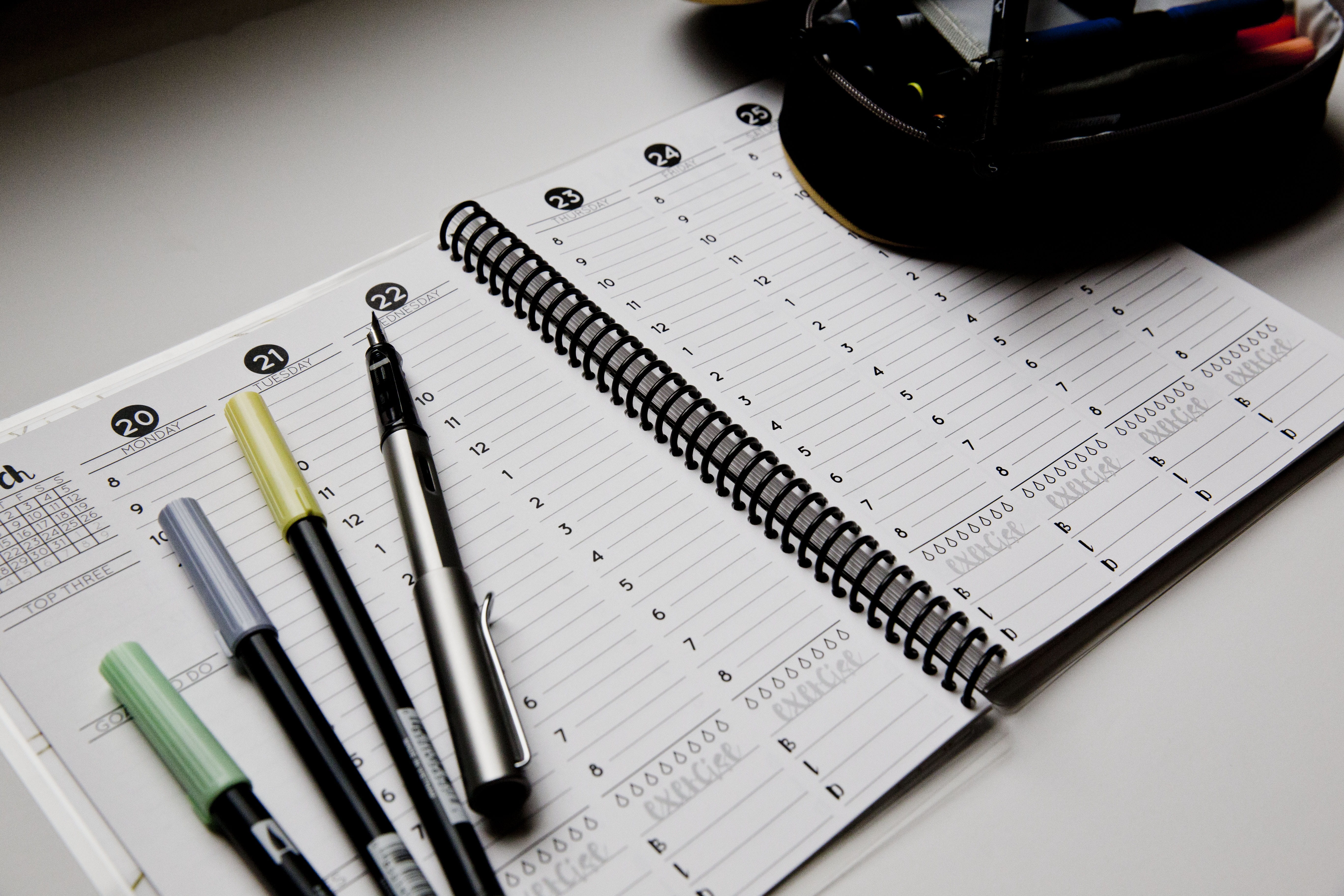 pen, Weekly, Pens, education, Tombow, communication, day, calendar, business, notebook, close-up, spiral notebook, no people, technology, placed, spread, HD Wallpaper