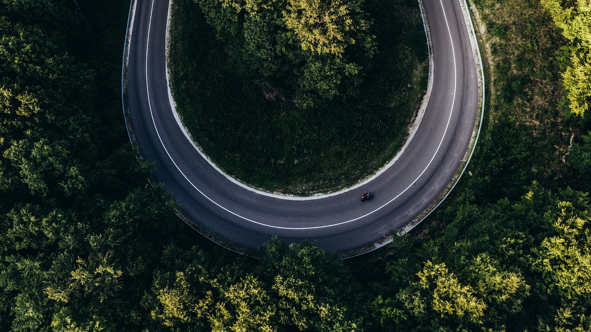 hairpin turns, birds eye view, road, nature, aerial view, trees, 1080P, forest, HD Wallpaper