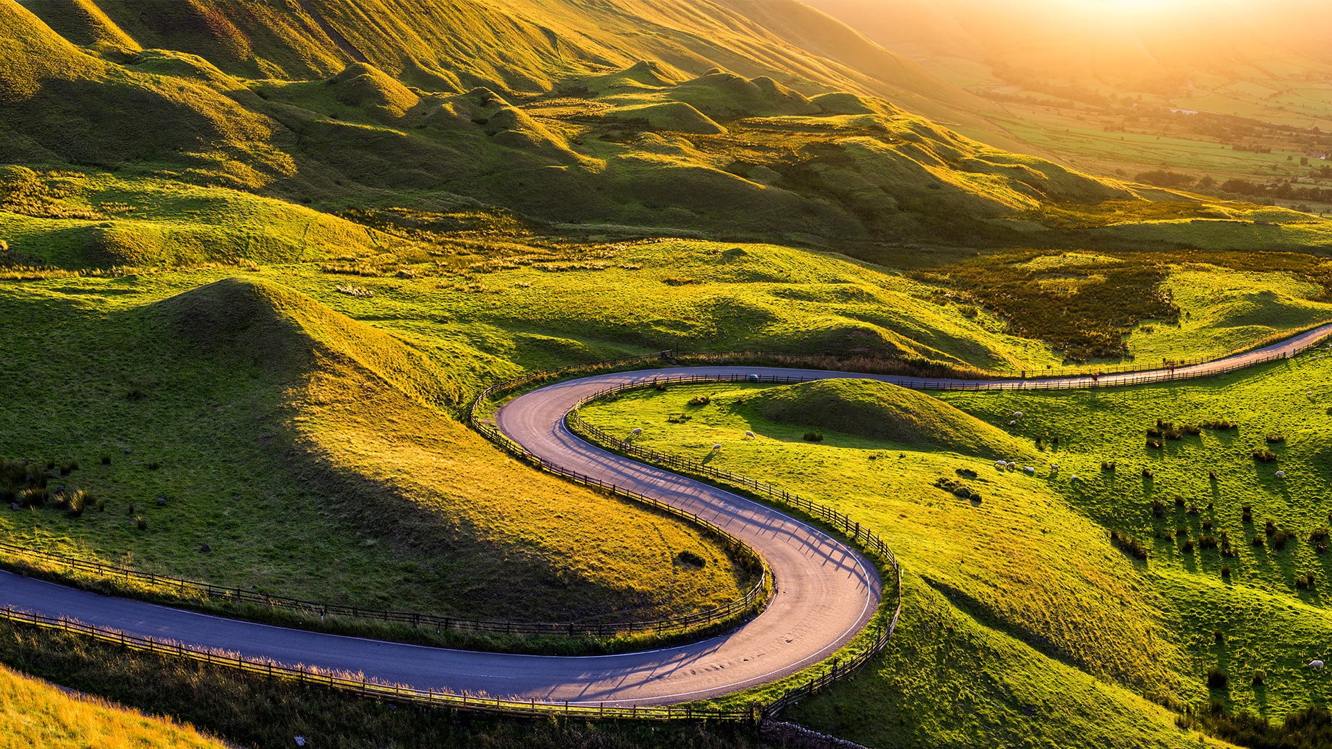 Edale Valley, nature, mountains, 1080P, sunrise, traffic barrier, road, hills, sheep, plants, hairpin turns, landscape, UK, HD Wallpaper