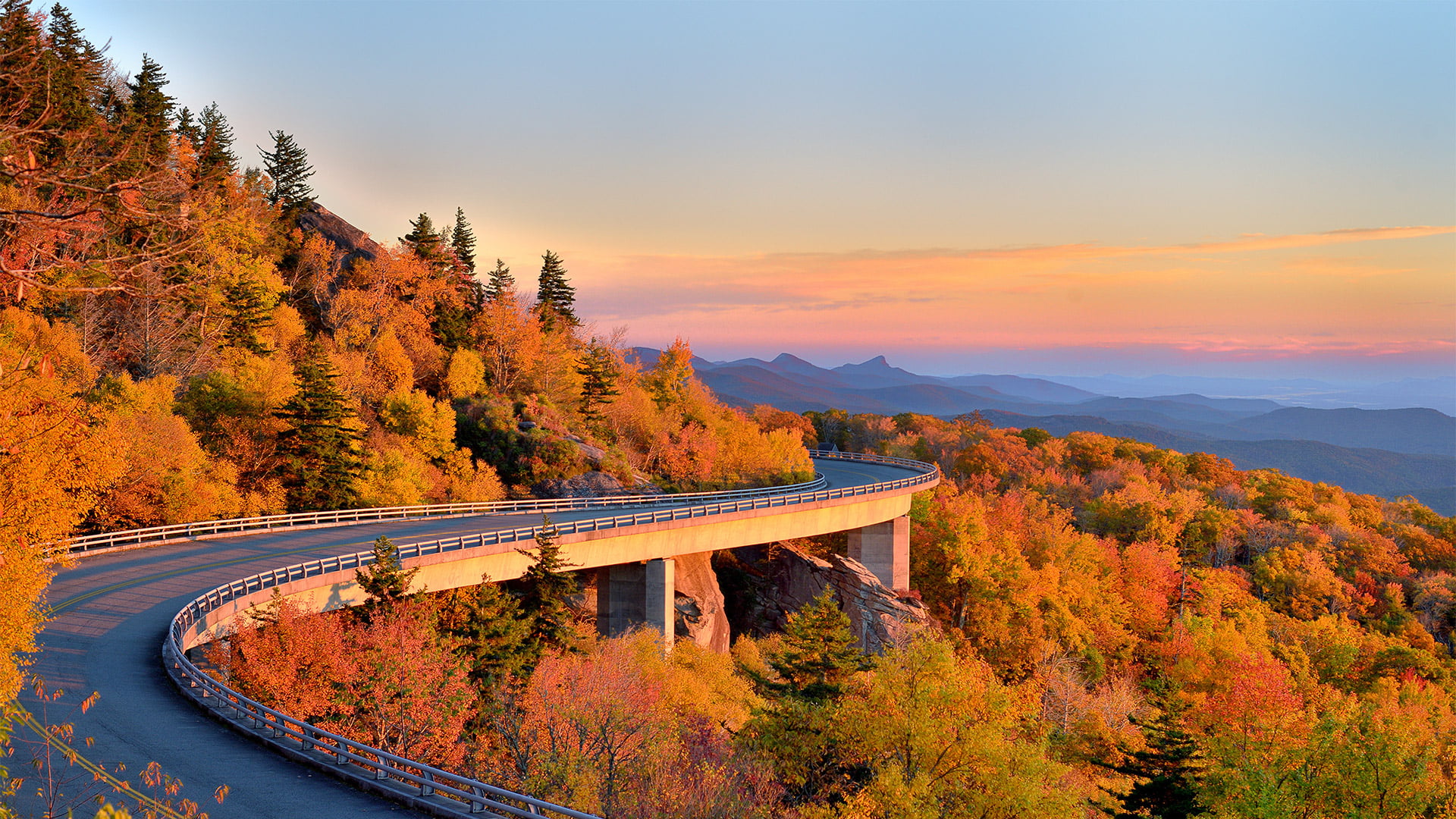 sky, fall, rocks, hairpin turns, trees, road, bridge, forest, 1080P, clouds, mountains, HD Wallpaper