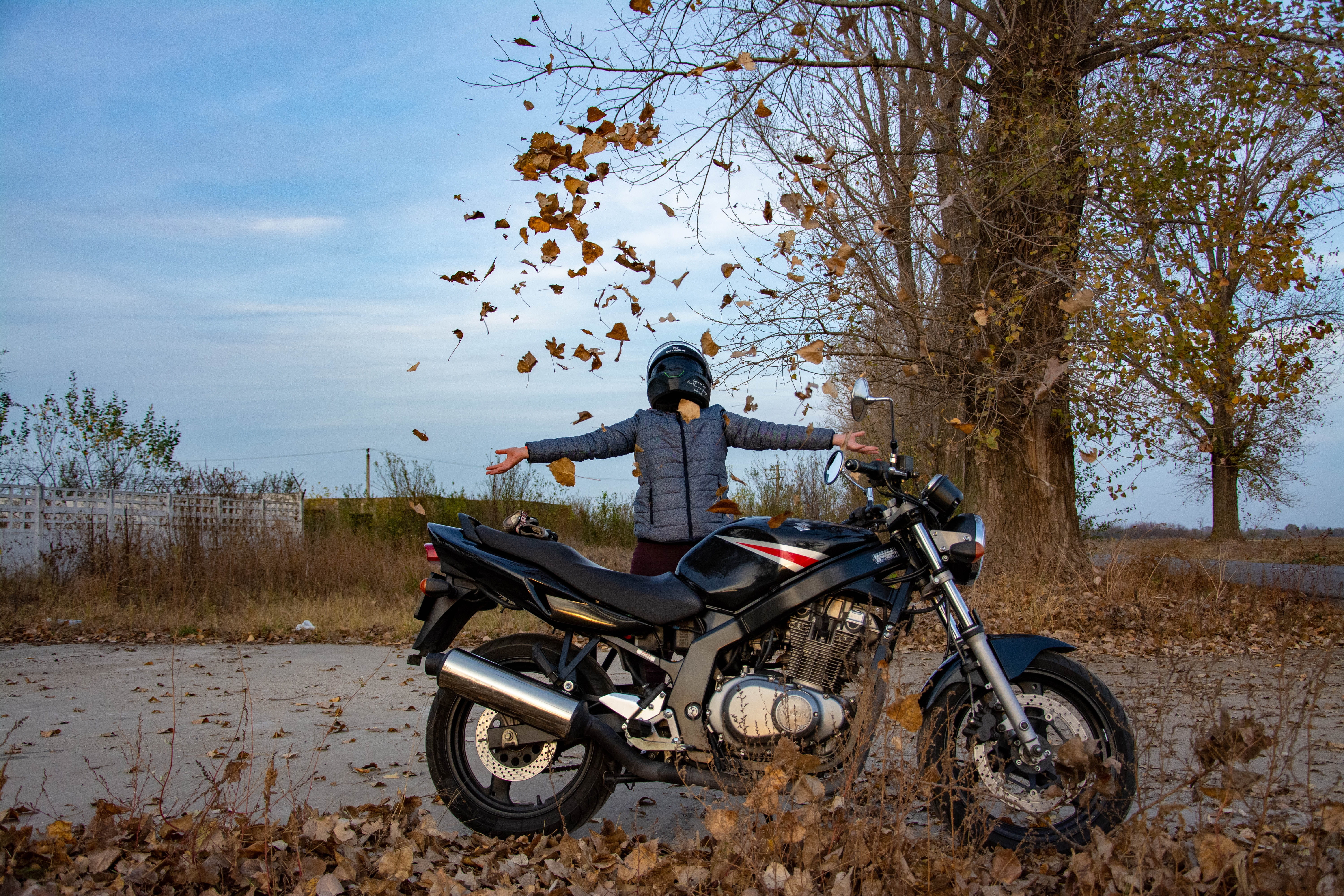 land, nature, land vehicle, tree, real people, biker, autumn, sky, lifestyle, lifestyles, full length, transportation, ride, plant, riding, day, casual clothing, HD Wallpaper