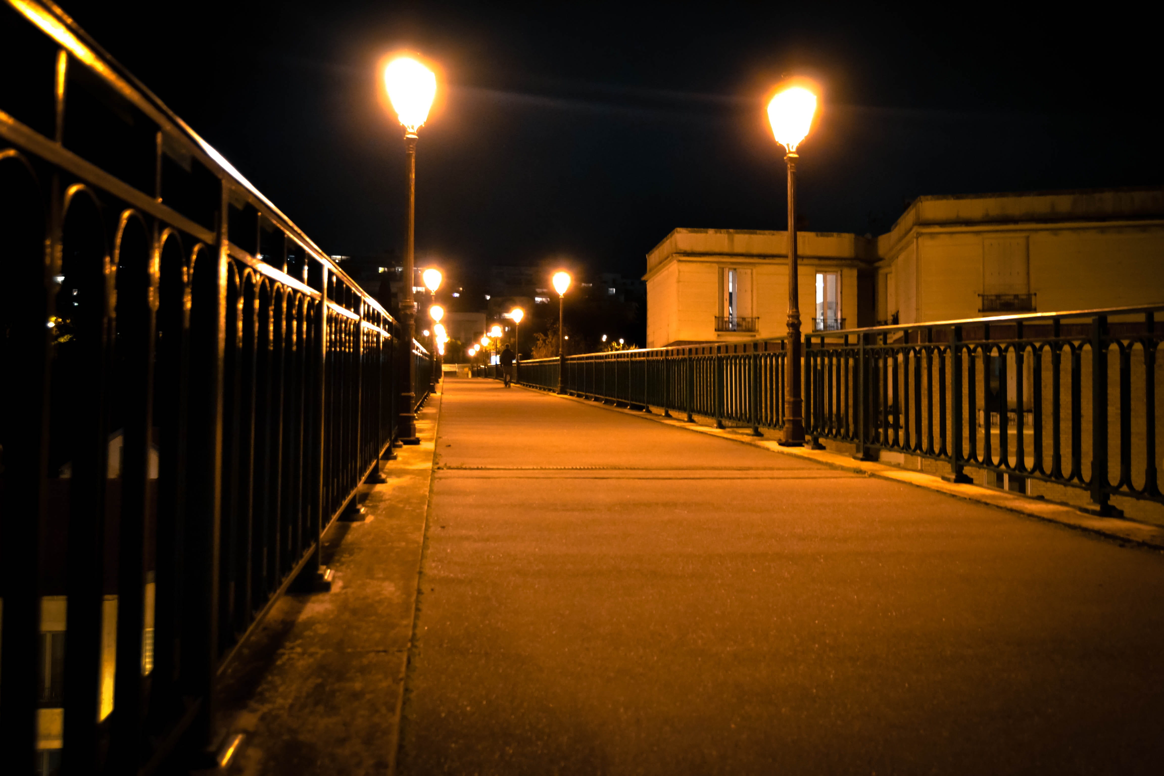 nature, direction, outdoors, built structure, transportation, shutters, suspension bridge, Bridge, street light, illuminated, black, Passage, diminishing perspective, HD Wallpaper