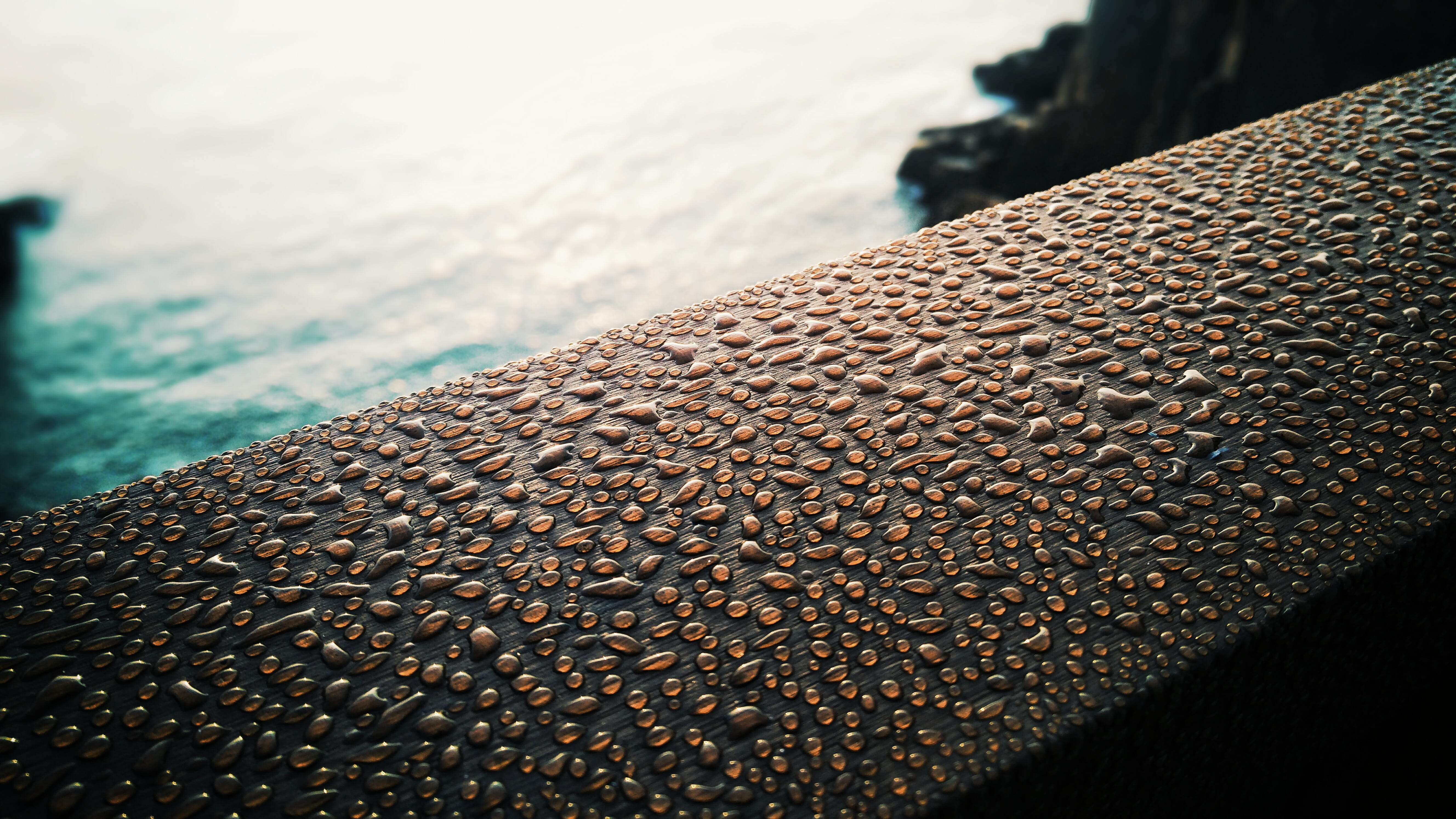 focus on foreground, land, water, metal, rusty, nature, beach, rod, no people, sea, Guardrail, outdoors, pattern, Macro, backgrounds, Dew, high angle view, HD Wallpaper