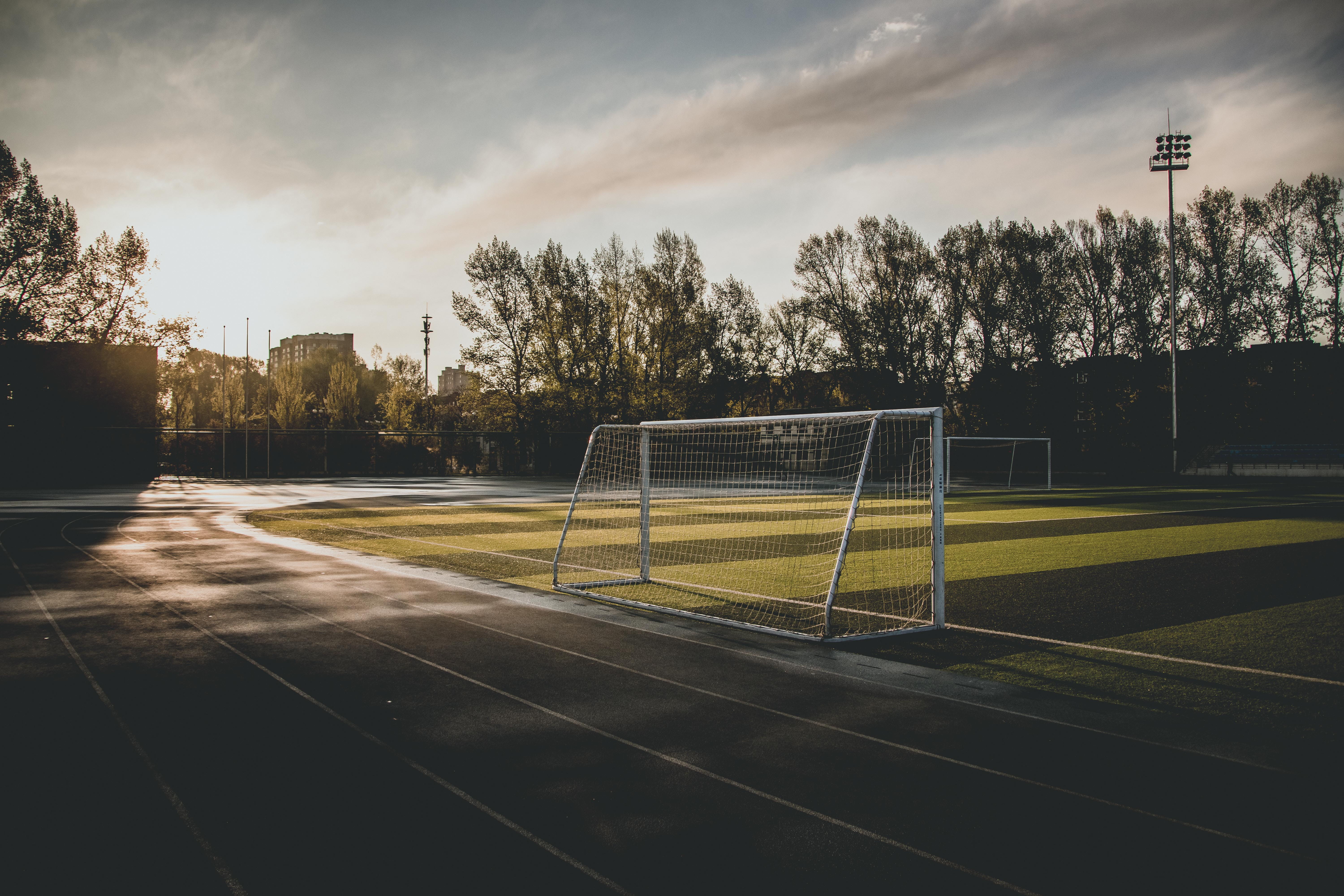 landscape, light, sky, playing field, travel, soccer, goal, absence, sports equipment, sport, grass, empty, outdoors, spotlights, asphalt, soccer goal, HD Wallpaper