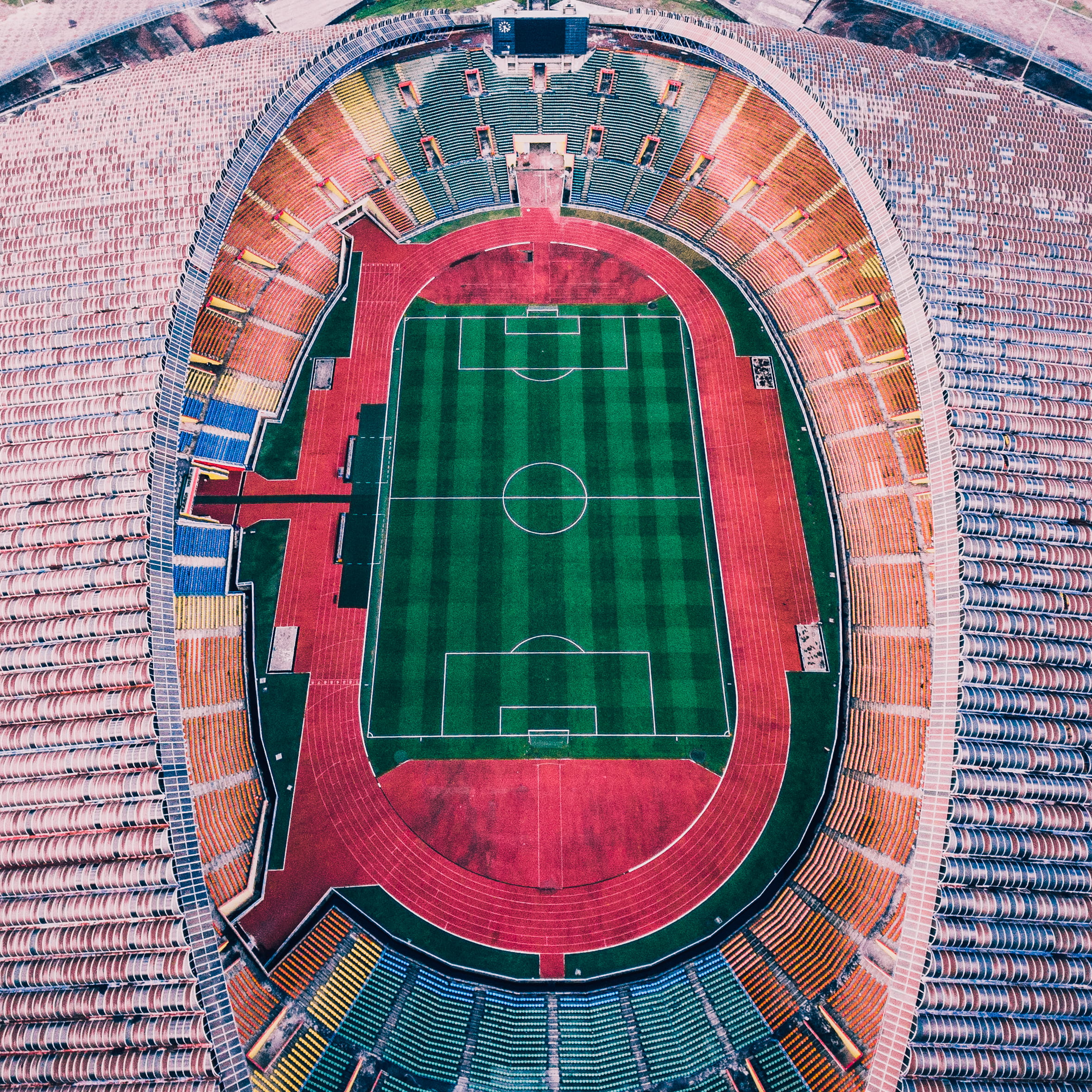 pattern, no people, outdoors, shape, brick wall, day, built structure, soccer, building exterior, stadium, arch, city, 1080P, high angle view, grass, building, Phone HD Wallpaper