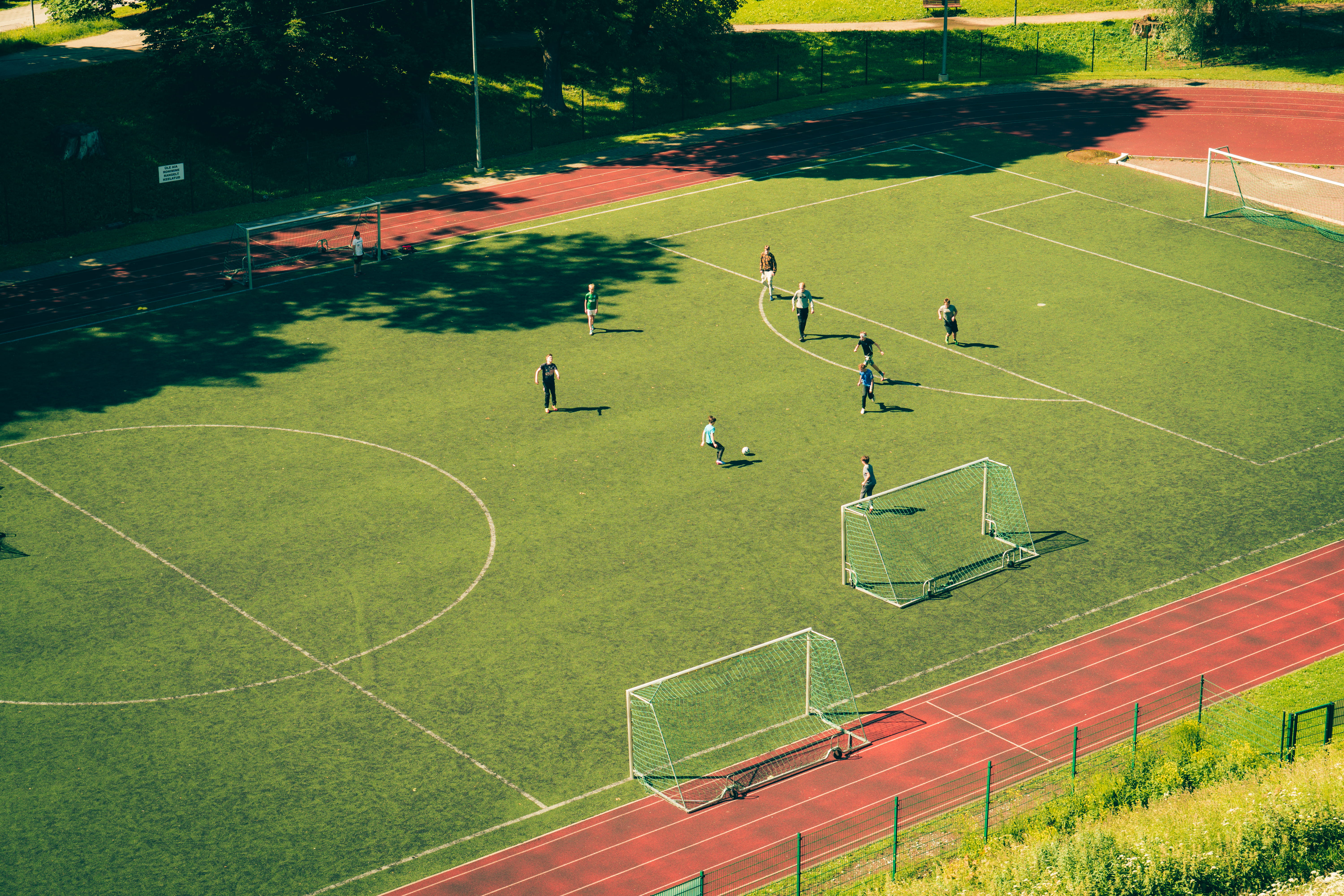 game, pitch, leisure activity, field, track, playing field, net, outdoors, group of people, soccer field, day, boys, goal, child, fence, people, land, aerial, HD Wallpaper