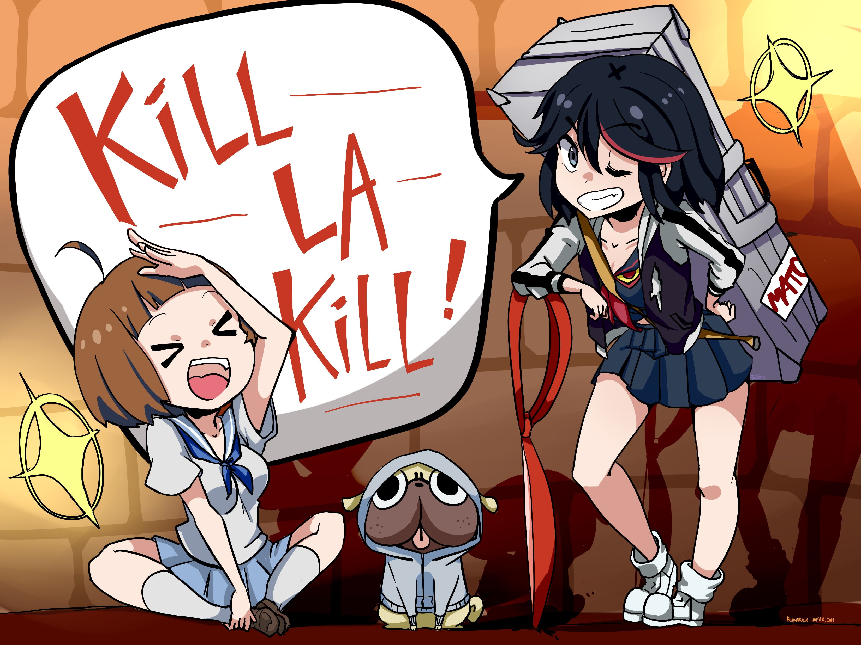 Mankanshoku Mako, holding, two people, indoors, text, communication, lifestyles, portrait, adult, people, real people, Matoi Ryuuko, Kill la Kill, art and craft, HD Wallpaper