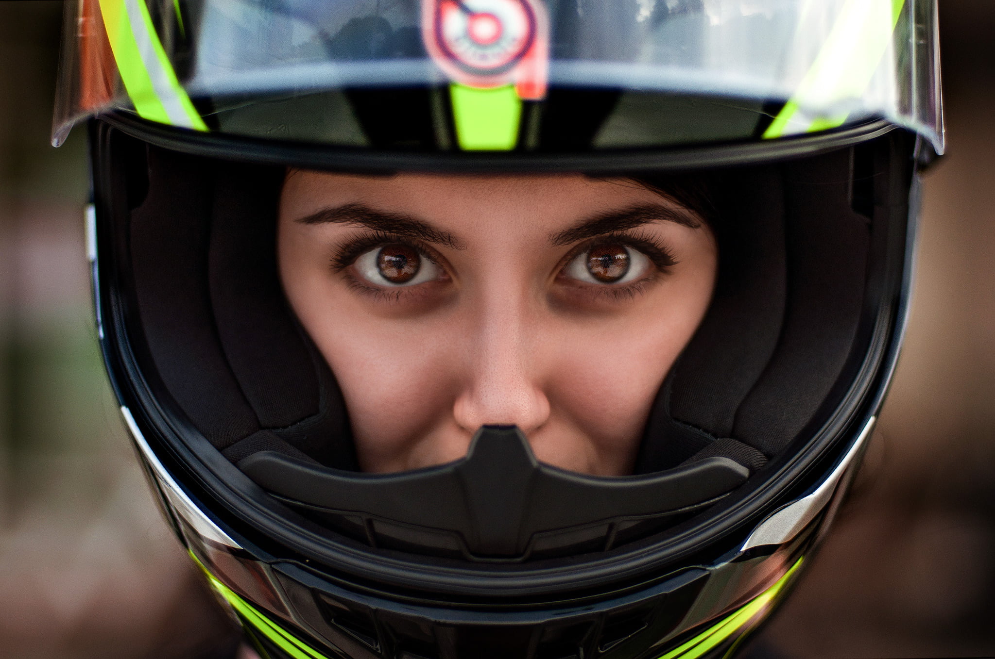 protection, safety, headshot, sport, brown eyes, women, crash helmet, body part, security, human body part, headwear, 1080P, front view, one person, lifestyles, HD Wallpaper