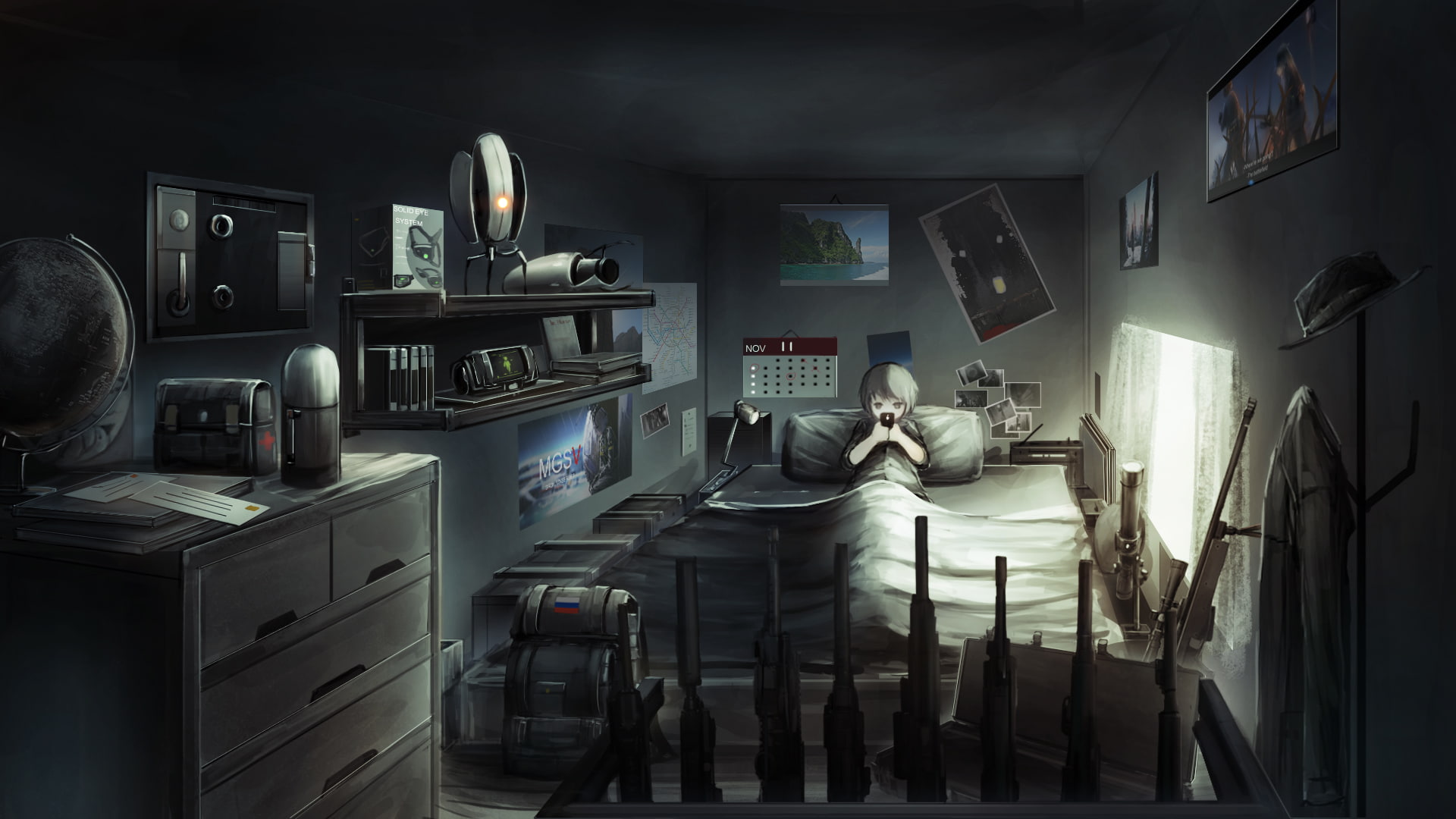 room, 1080P, Metal Gear Solid V: The Phantom Pain, in bed, Portal, rifles, weapon, Portal Gun, Fallout, HD Wallpaper