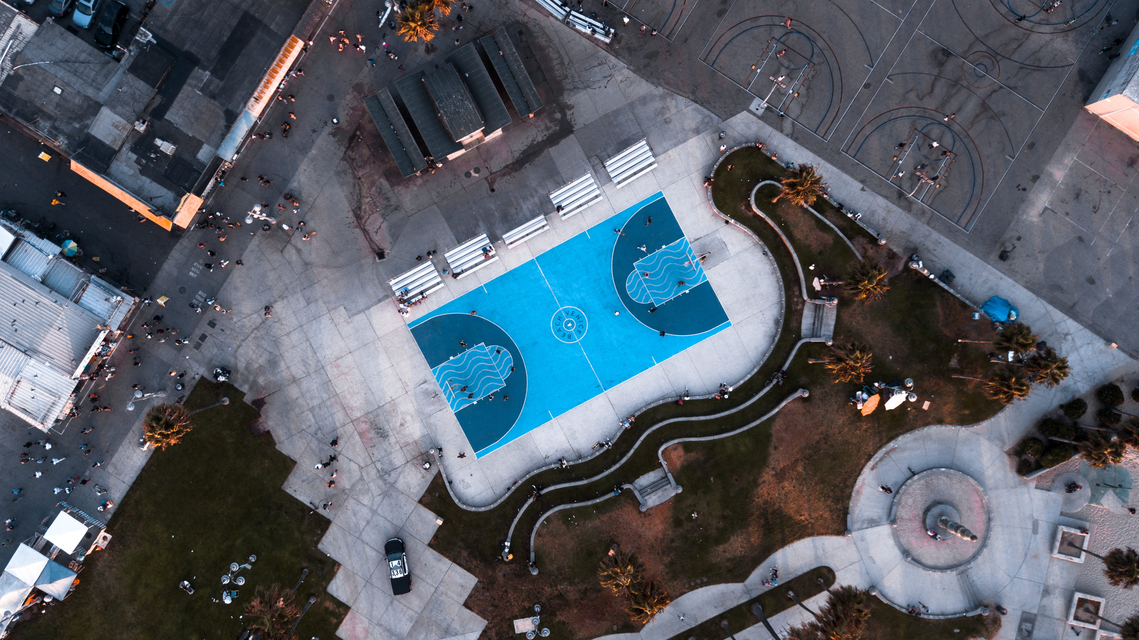 basketball, 2K, looking down, city, street, flying, cement, building, drone view, venice, aerial, swimming pool, los angeles, man made, drone, aerial View, HD Wallpaper