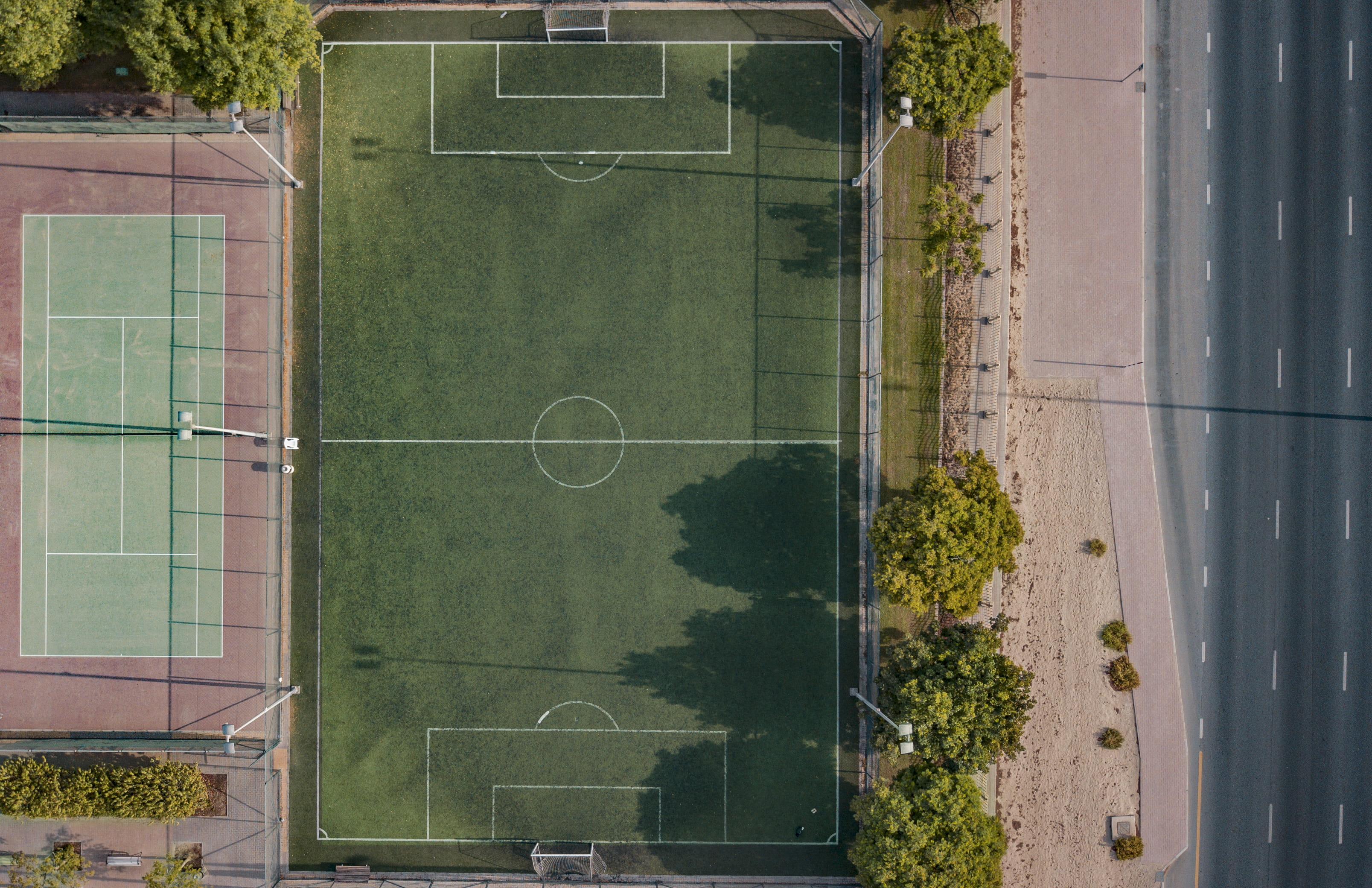 nature, road, scenic, aerial view, daylight, aerial, trees, built structure, birds eye view, outdoors, plant, playing field, high angle view, soccer, team sport, HD Wallpaper