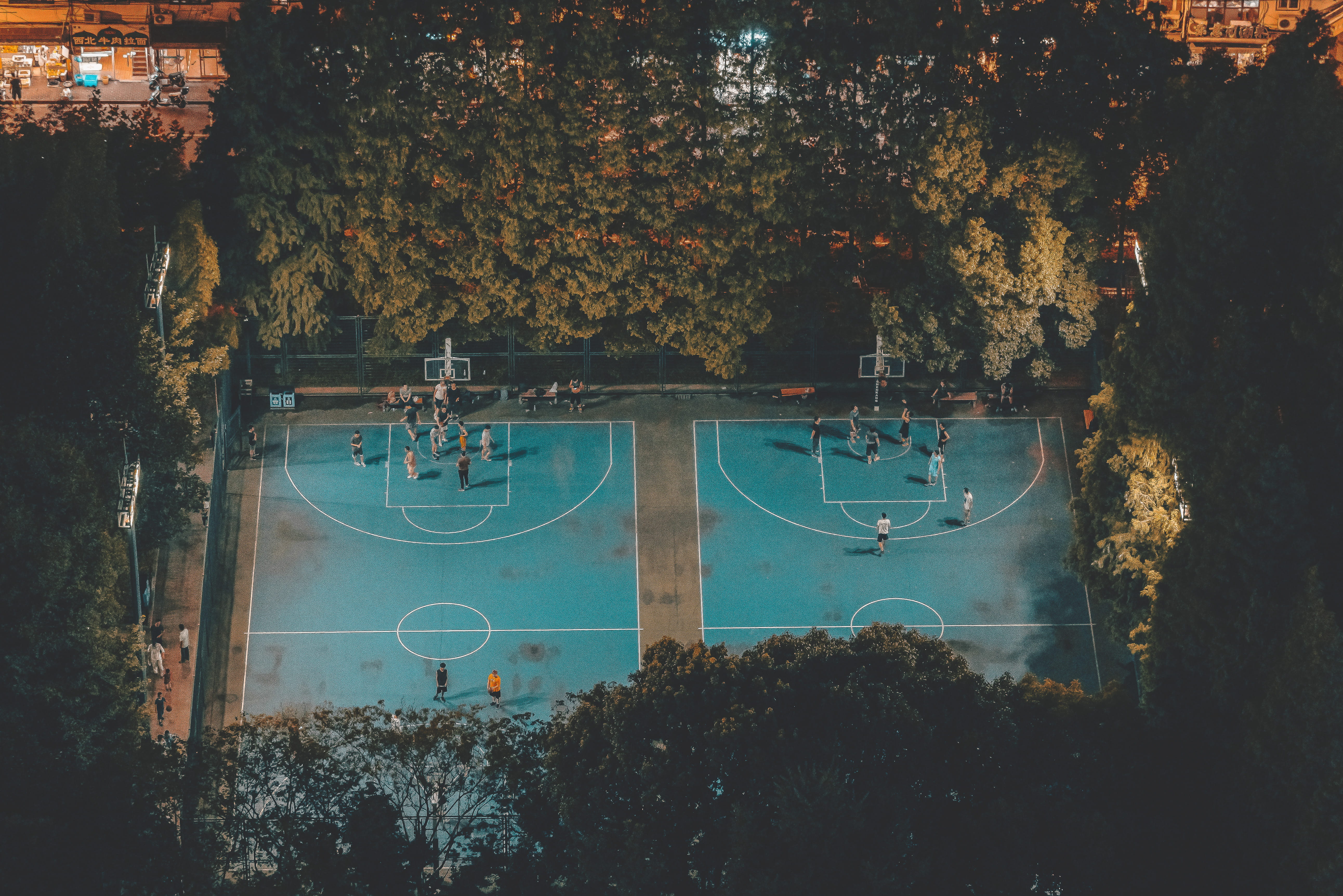 tree, city, green, from above, leafed, court, basketball court, 5K, sports, surrounded, bicycle, street, transportation, game, sunset, nature, foliage, HD Wallpaper
