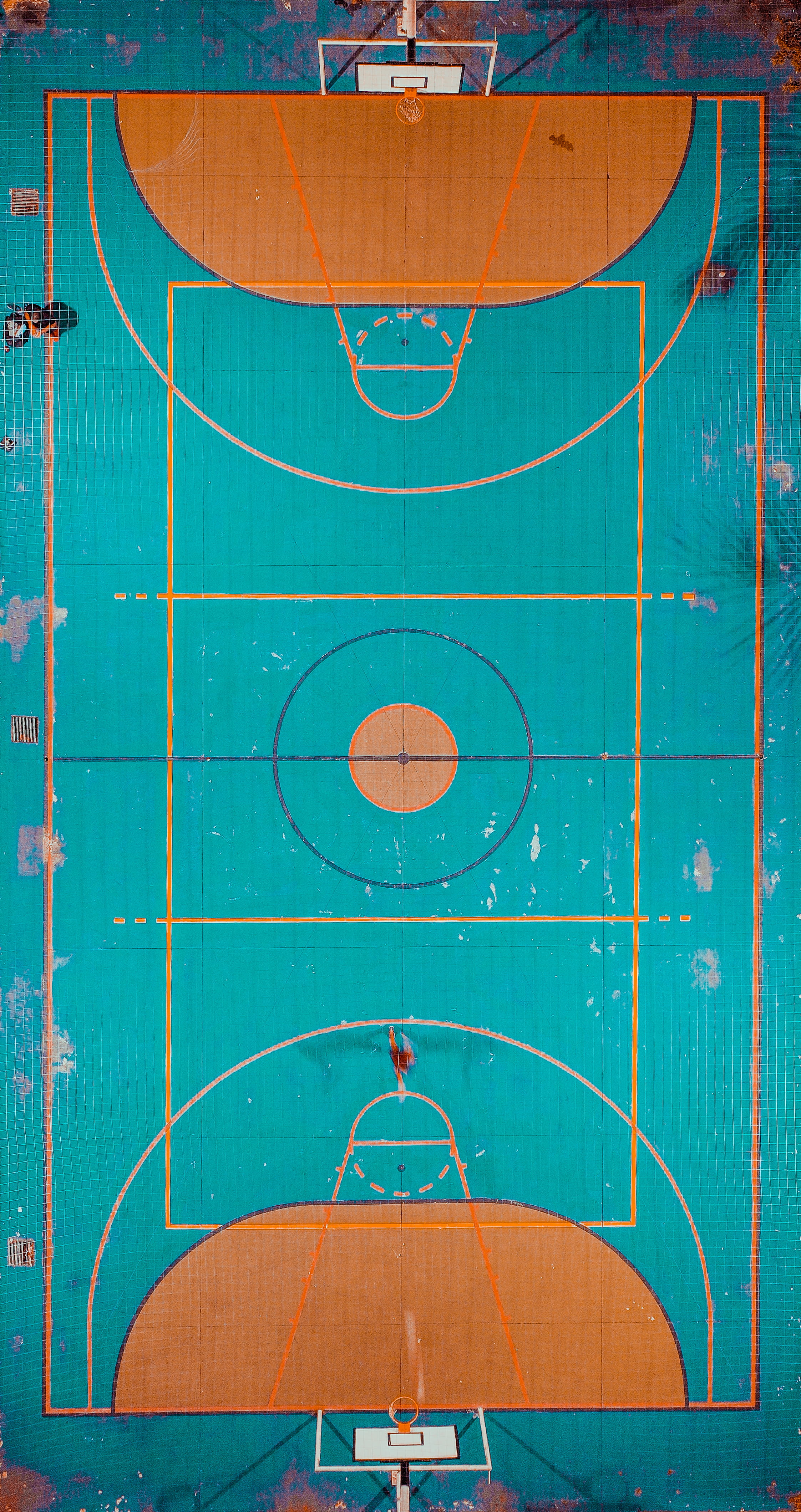 basketball, day, built structure, competition, 4K, pattern, aerial shot, outdoors, court, basketball court, absence, weathered, backgrounds, wall - building feature, Phone HD Wallpaper