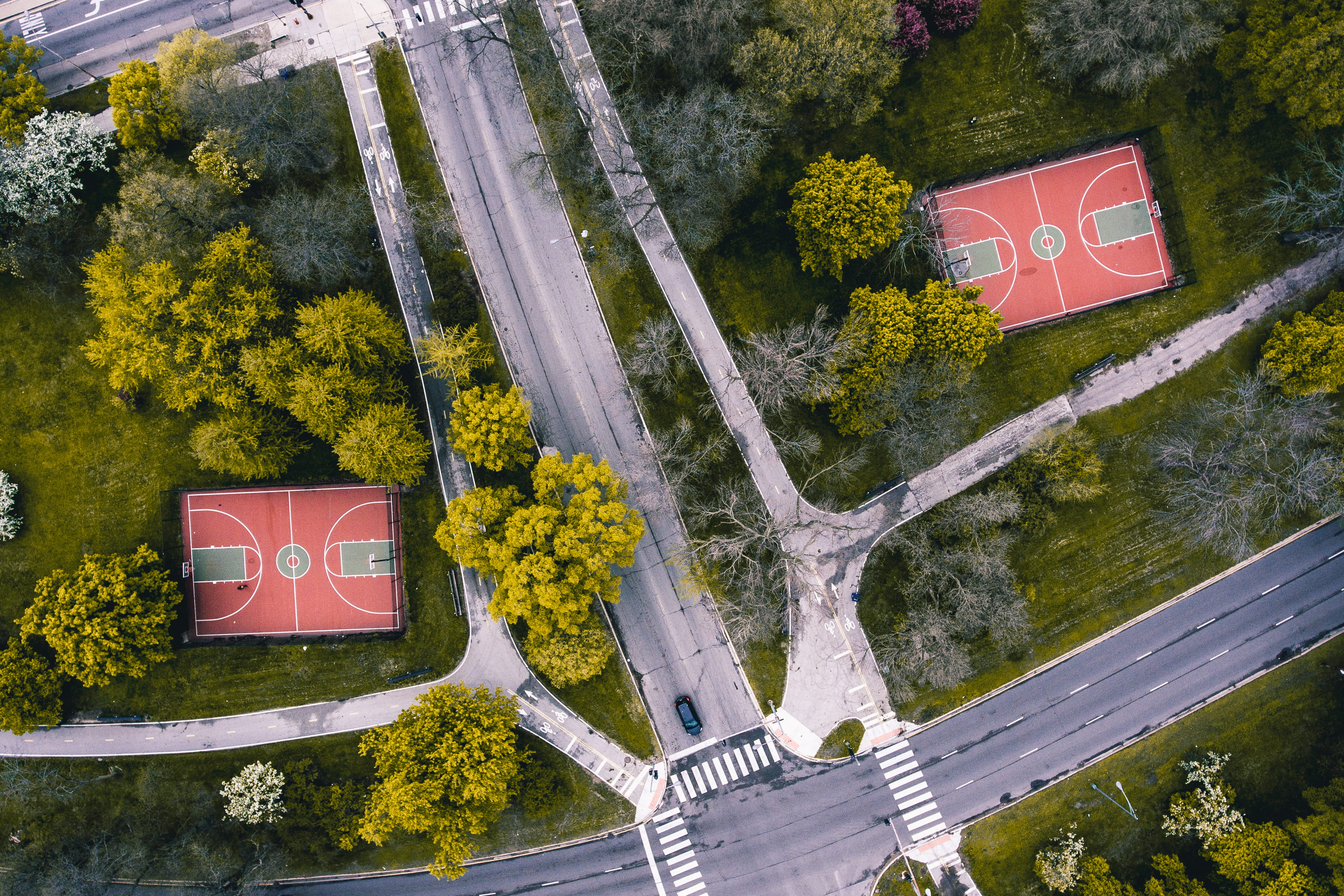 road sign, nature, grass, drone view, basketball court, aerial, trees, text, road, sign, aerial shot, two, environment, tree, outdoors, red, information, HD Wallpaper
