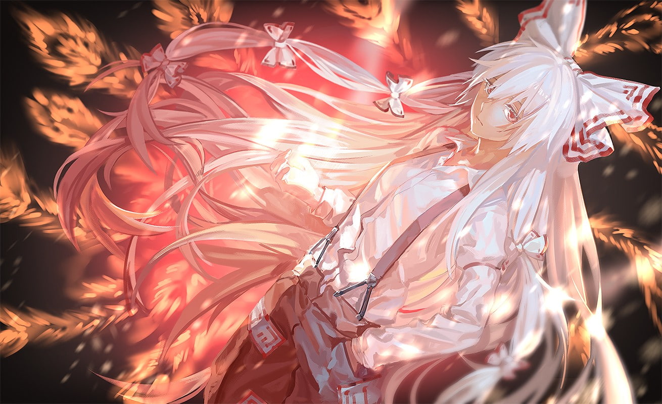 shirt, red eyes, long hair, suspenders, 720P, pale, Touhou, headband, anime, white hair, anime girls, magic, Fujiwara no Mokou, HD Wallpaper