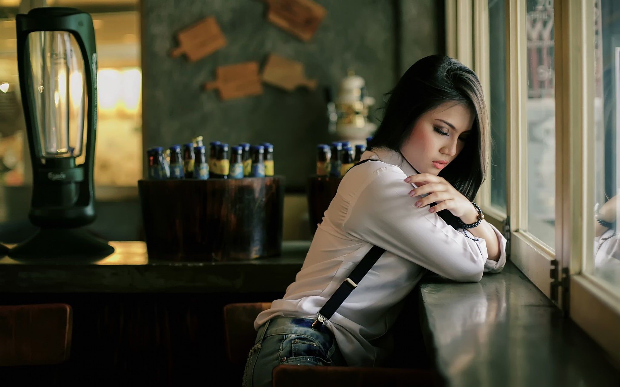 model, women, 1080P, sleeve, bottoms, shirt, white, blue, asian, long, suspenders, 2048x1280, s, denim, HD Wallpaper