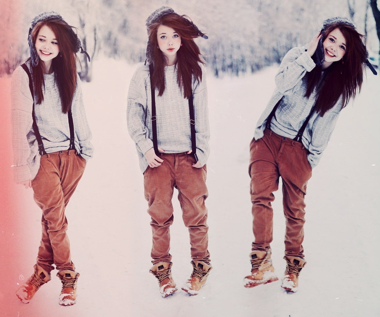 women, 480P, suspenders, snow, redhead, HD Wallpaper