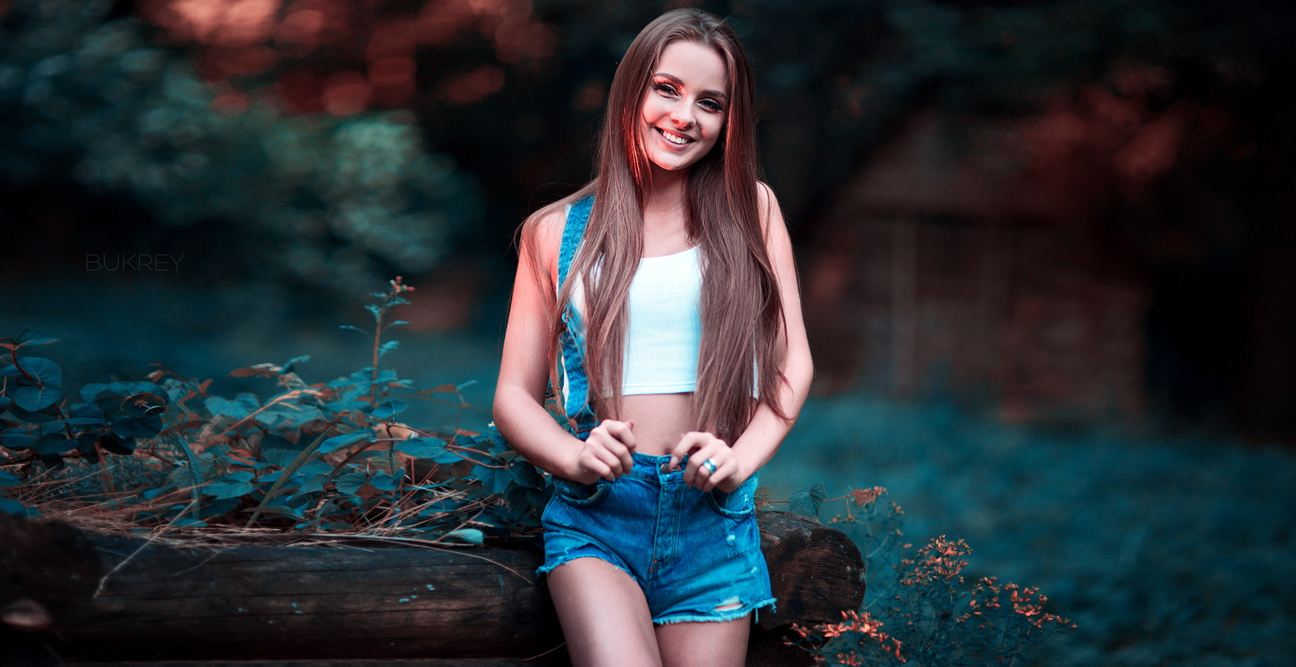 smiling, 720P, women, white tops, straight hair, short tops, suspenders, bokeh, long hair, open mouth, jean shorts, Kirill Bukrey, brown eyes, brunette, HD Wallpaper