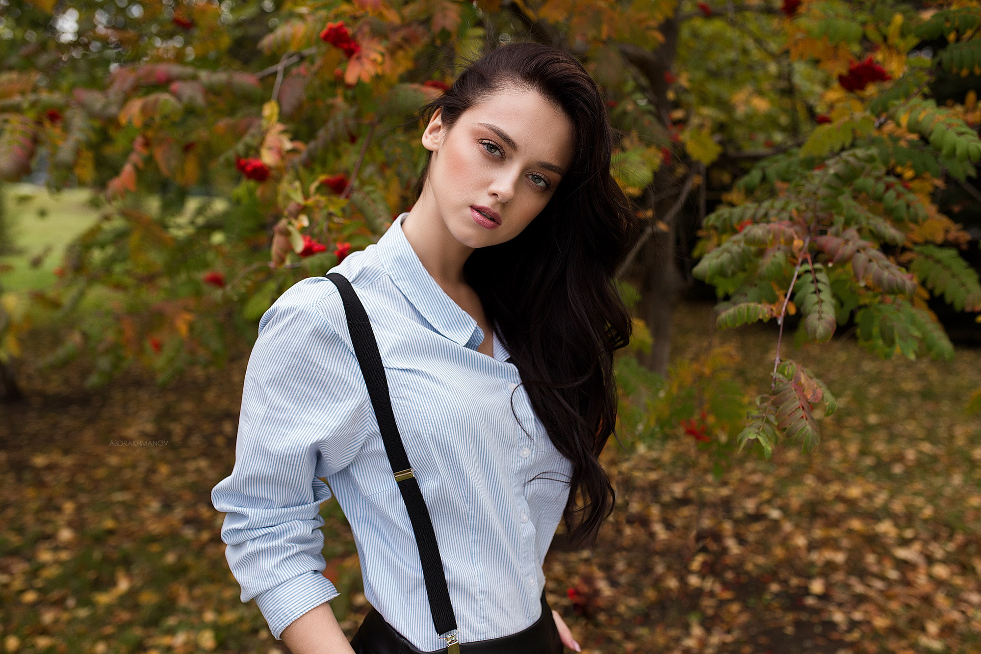 brunette, striped clothing, suspenders, shirt, women outdoors, 1080P, trees, women, portrait, long hair, HD Wallpaper