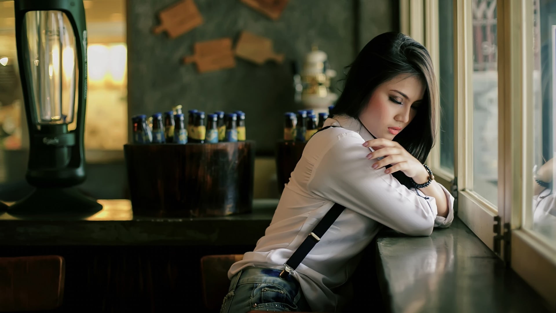 closed eyes, bar, three quarter length, jeans, bar counter, Asian, women, suspenders, long hair, window, young women, beautiful woman, one person, sitting, HD Wallpaper