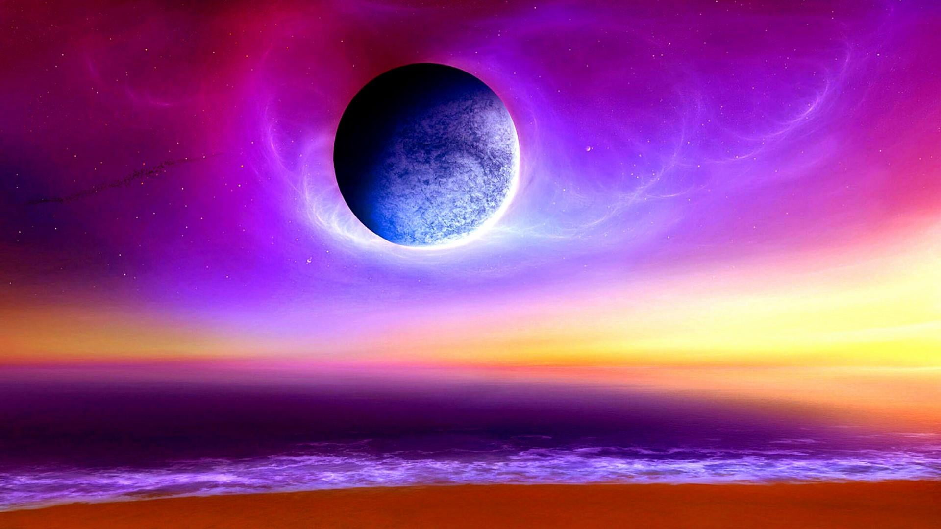 suspended, sea, fantasy art, horizon over water, planet - space, scenics - nature, horizon, planet, purple, nature, 1080P, sky, water, moon, idyllic, tranquil scene, HD Wallpaper