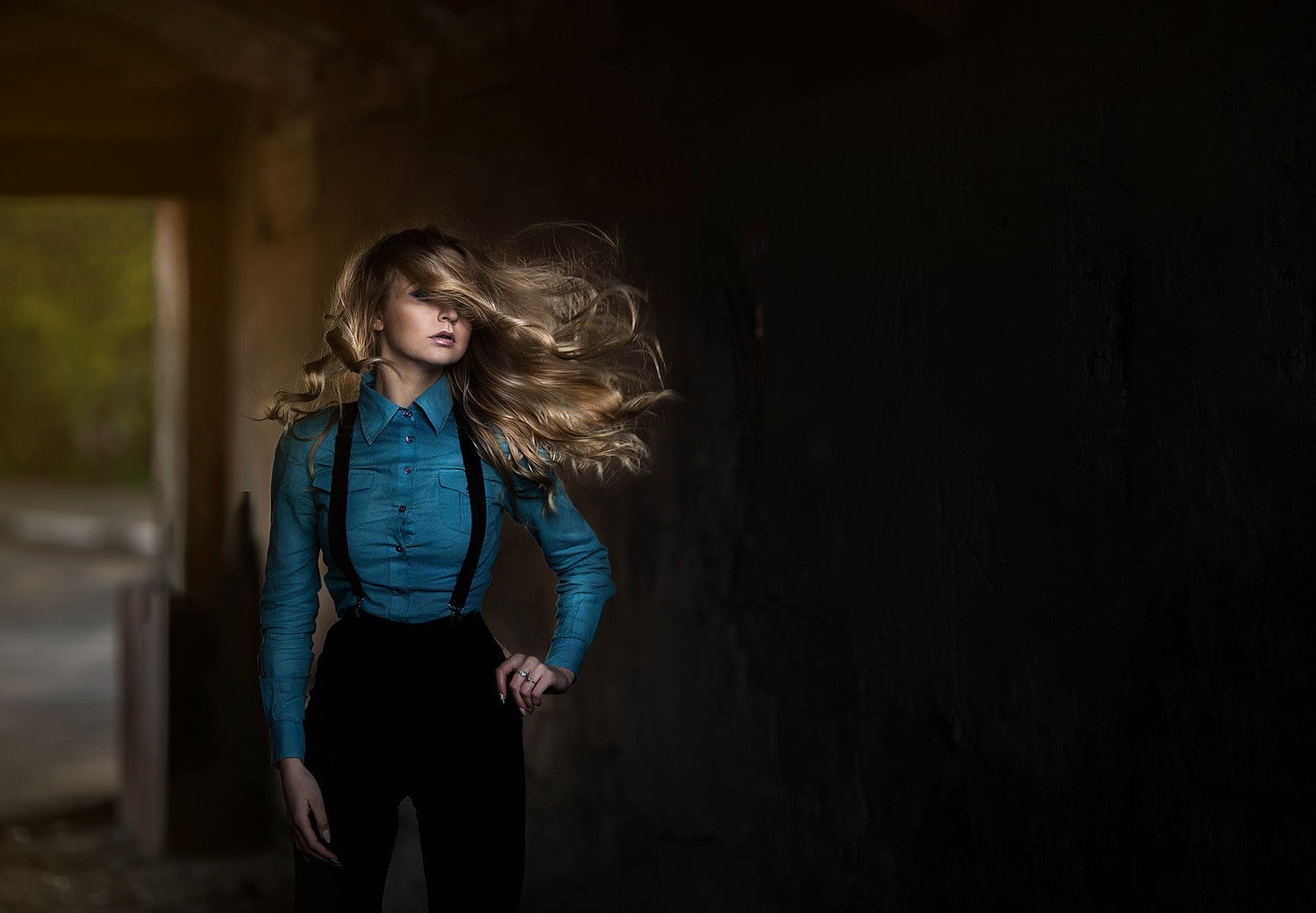 Julia Rote, pants, shirt, blonde, wavy hair, suspenders, portrait, 720P, women, HD Wallpaper