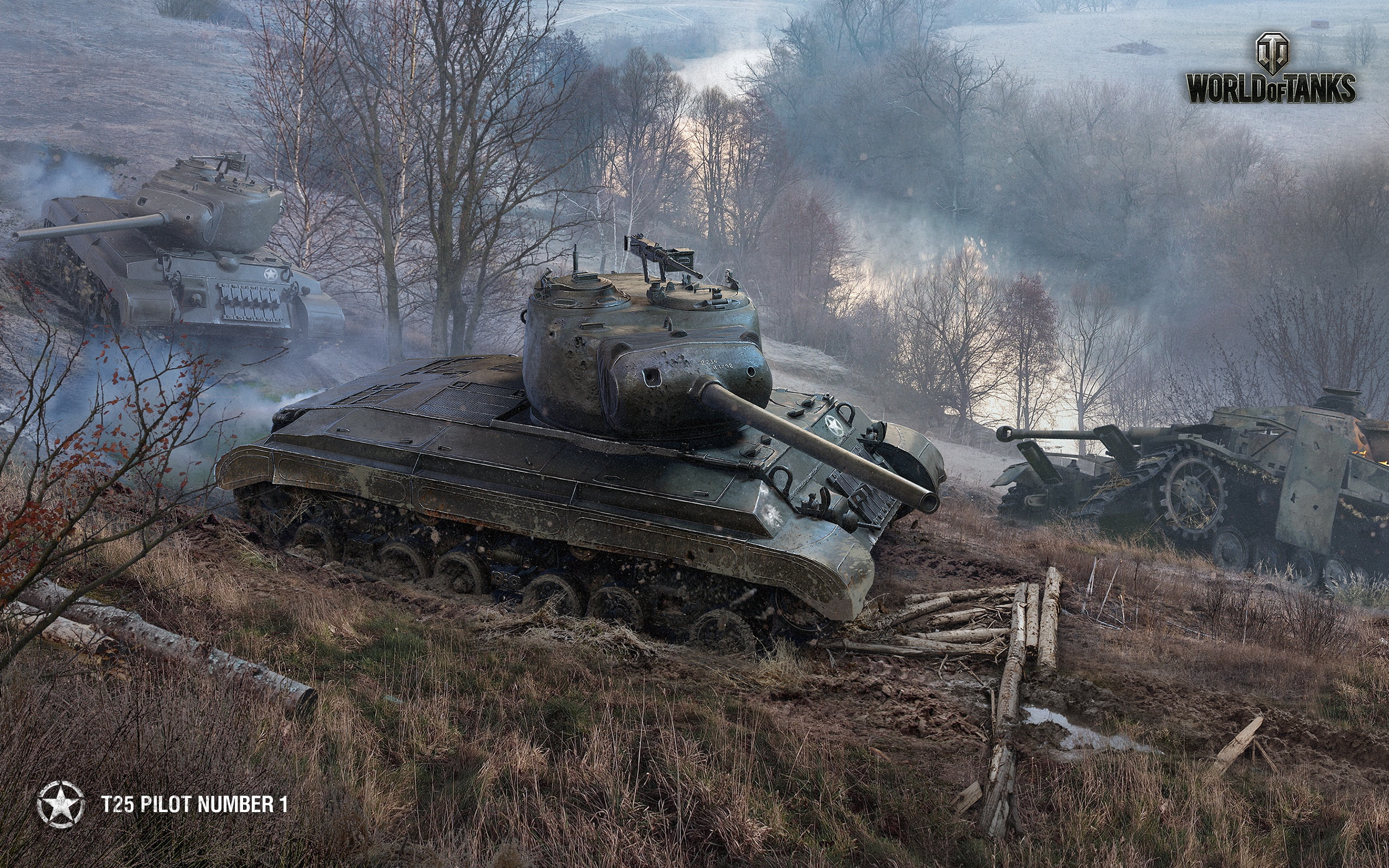 2K, trees, American, T25 Pilot Number 1, tanks, field, road, dirt, landscape, slope, autumn, average, art, river, smoke, World of Tanks, HD Wallpaper