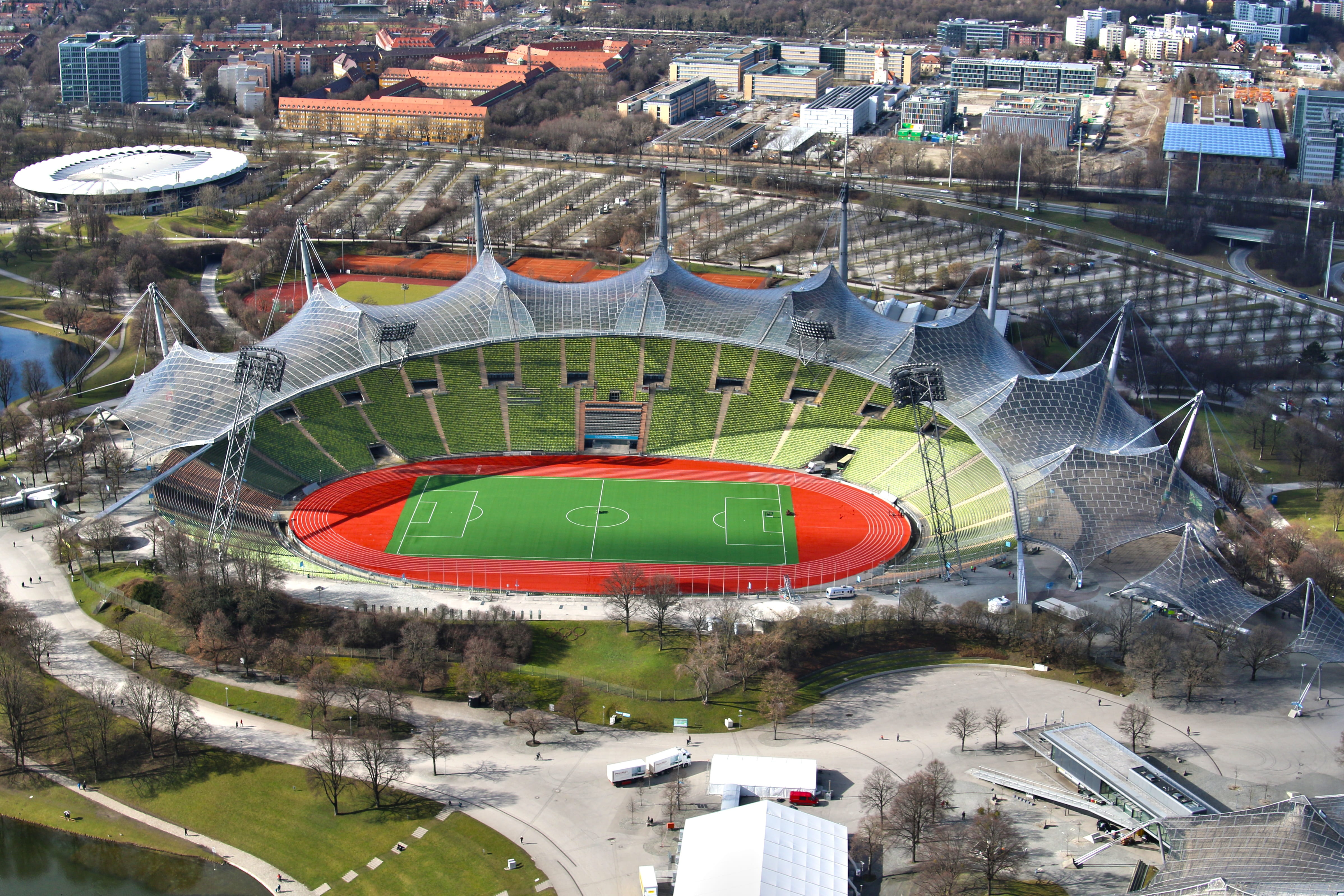 arts culture and entertainment, view, cityscape, road, olympic stadium, field, team sport, grandstand, crowd, soccer, day, building exterior, aerial, olympic park, HD Wallpaper