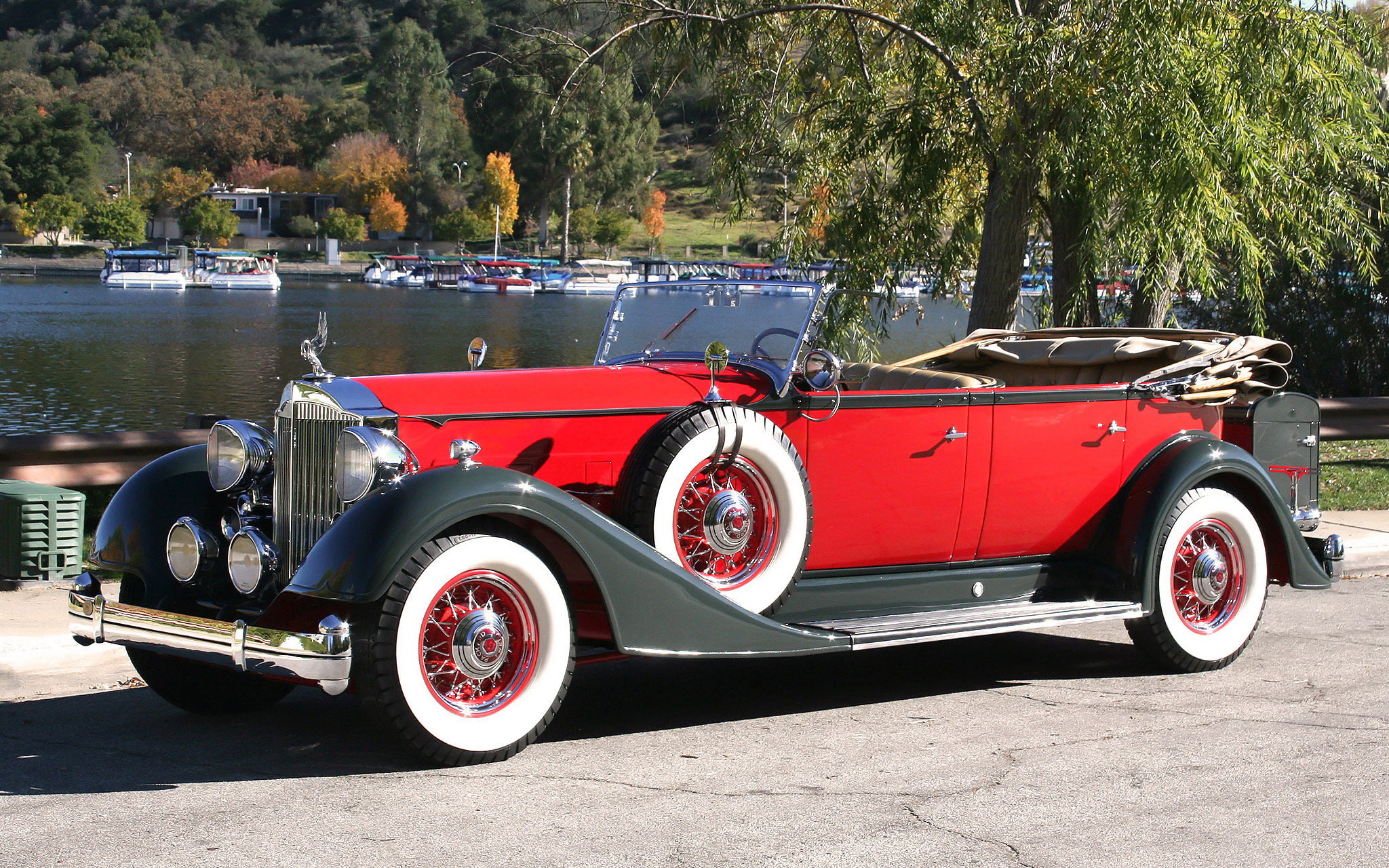 trees, water, red, 1080P, Oldtimer, car, boat, Packard, vehicle, vintage, HD Wallpaper