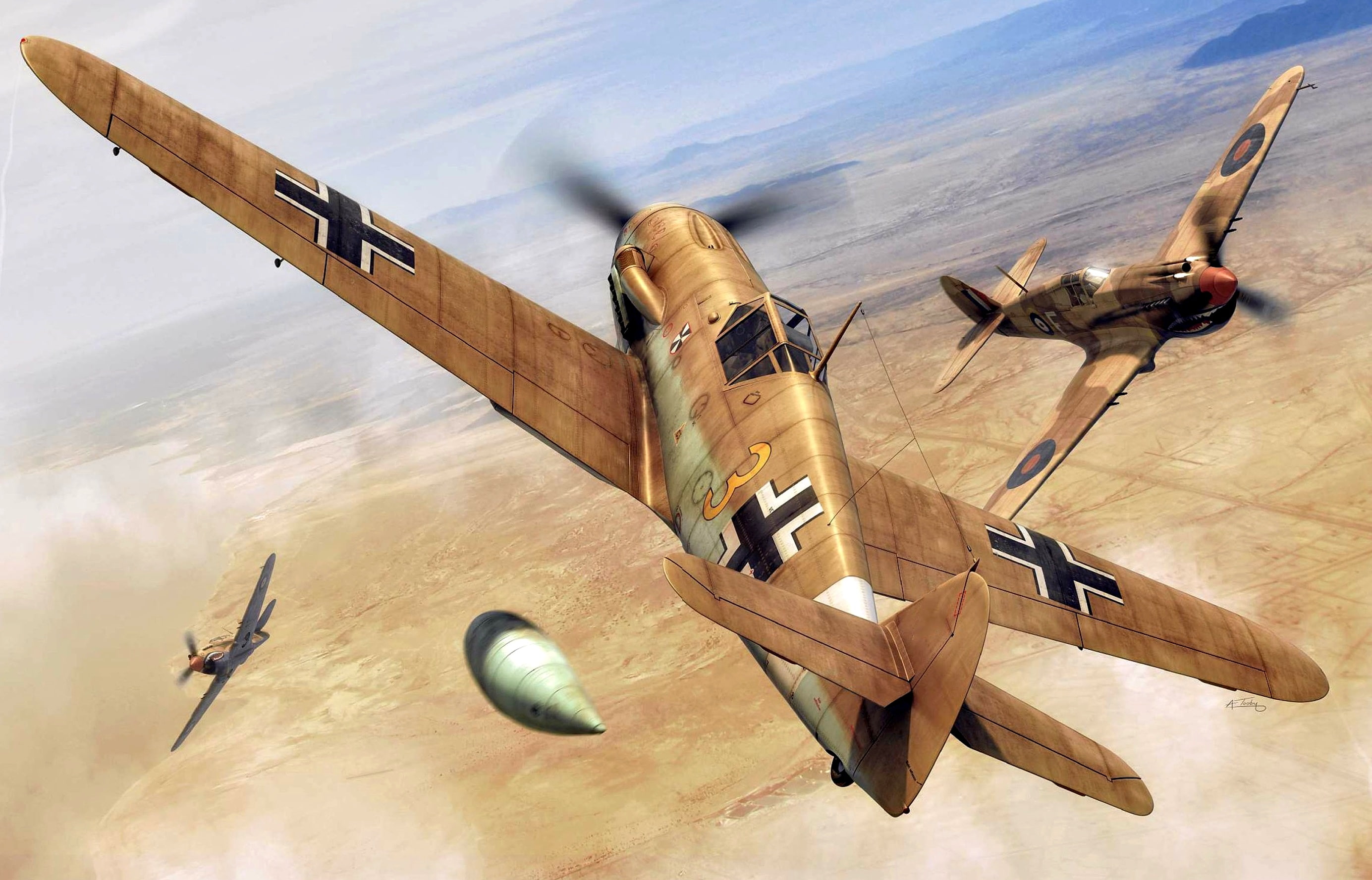 P-40B Tomahawk, Fighter, 2K, Dogfight, Messerschmitt, Bf.109F-4/trop, art, Mk.IIa, RAF, WWII, Bavarian Aircraft Works, Curtiss, Air force, HD Wallpaper